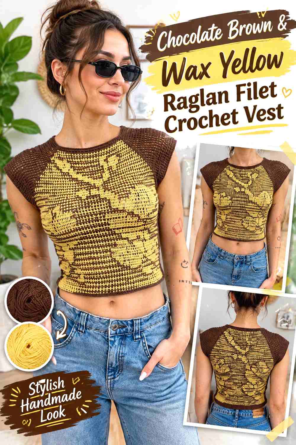 2. Chocolate Brown & Wax Yellow Raglan Filet Crochet Vest