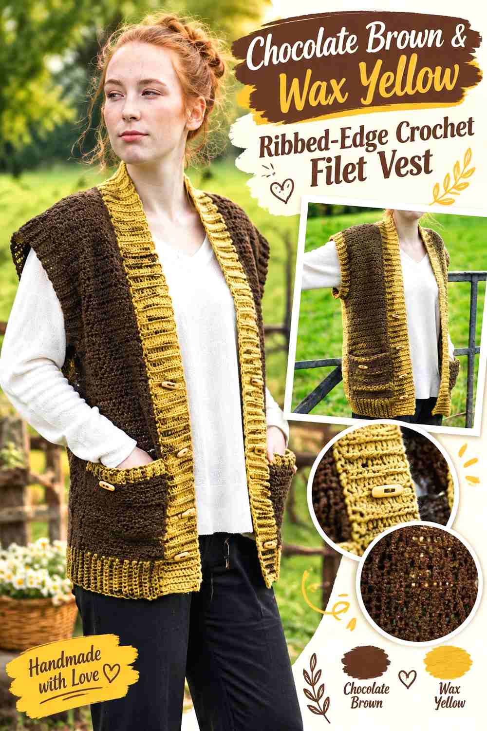 7. Chocolate Brown & Wax Yellow Ribbed-Edge Crochet Filet Vest