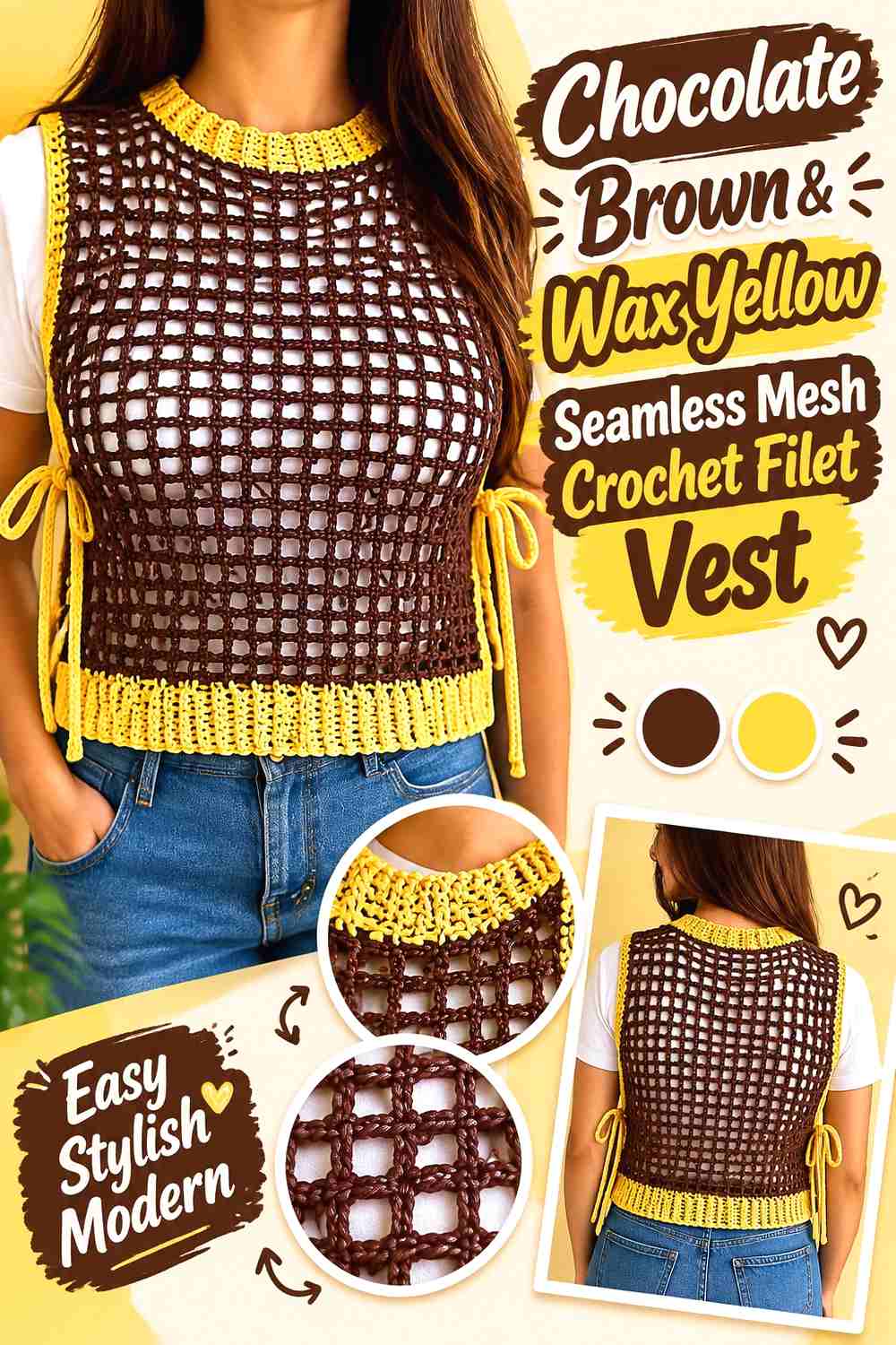 10. Chocolate Brown & Wax Yellow Seamless Mesh Crochet Filet Vest