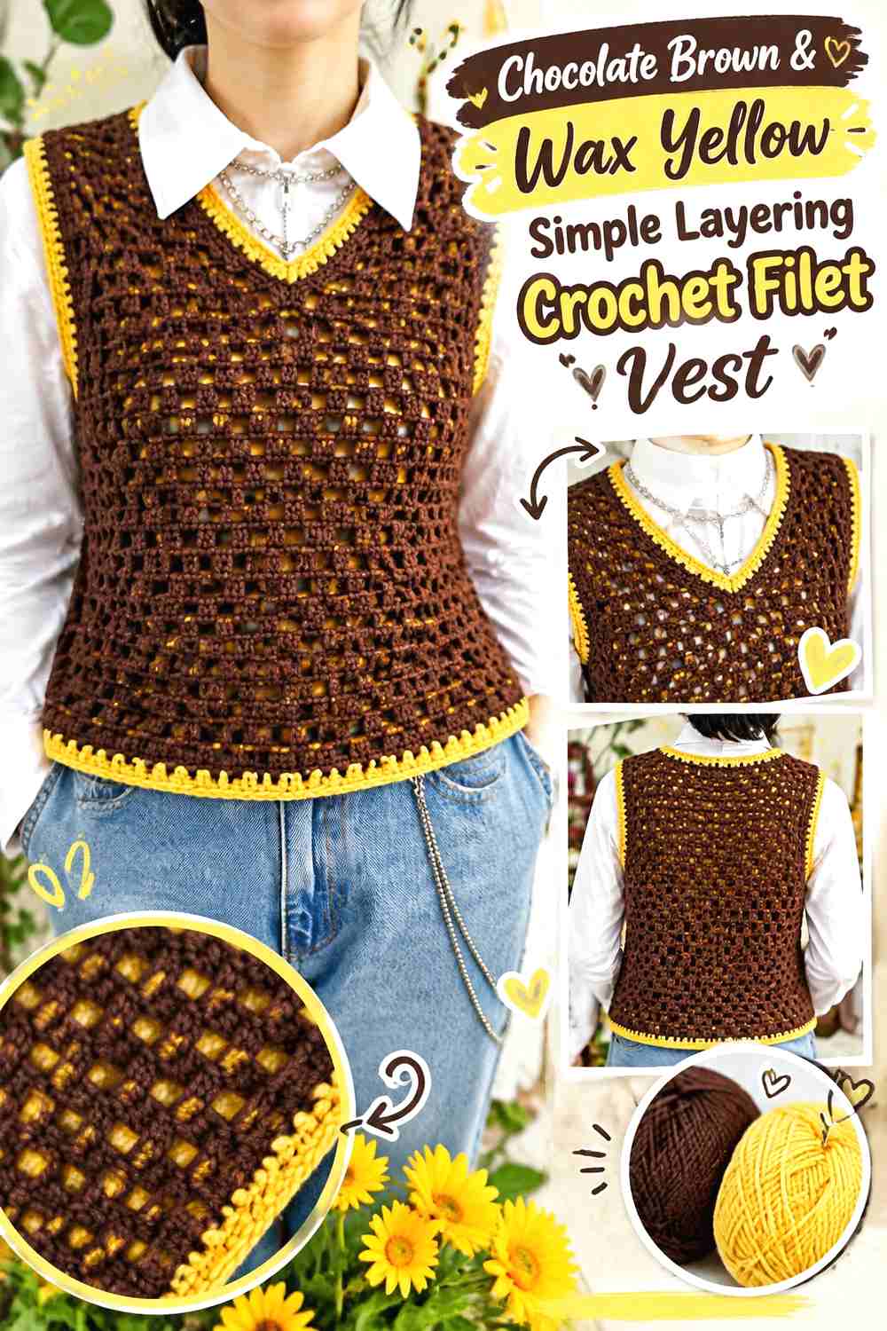 6. Chocolate Brown & Wax Yellow Simple Layering Crochet Filet Vest