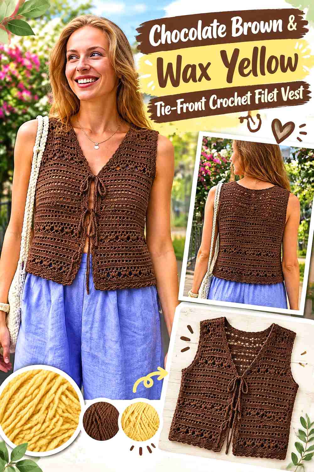 12. Chocolate Brown & Wax Yellow Tie-Front Crochet Filet Vest