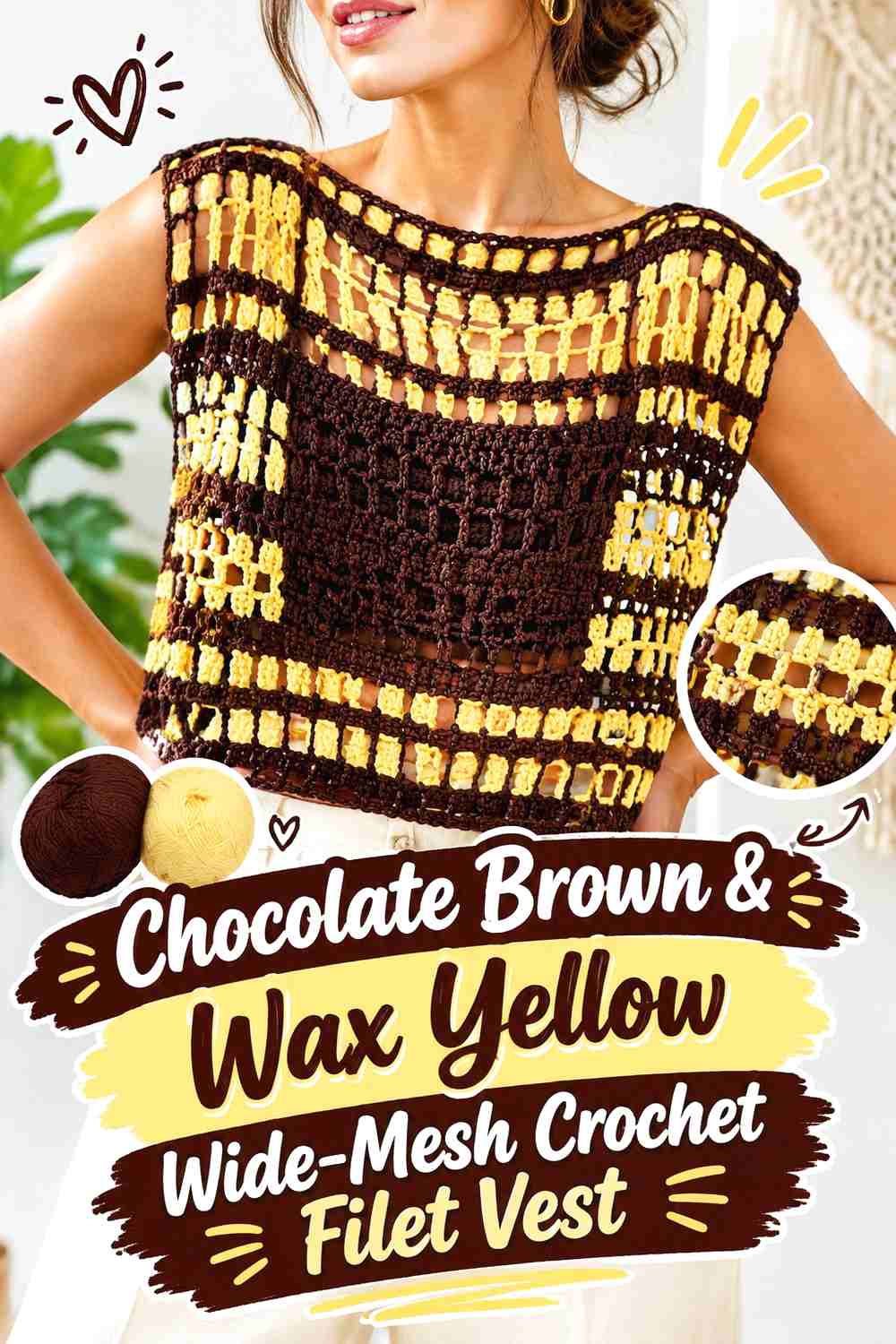 5. Chocolate Brown & Wax Yellow Wide-Mesh Crochet Filet Vest