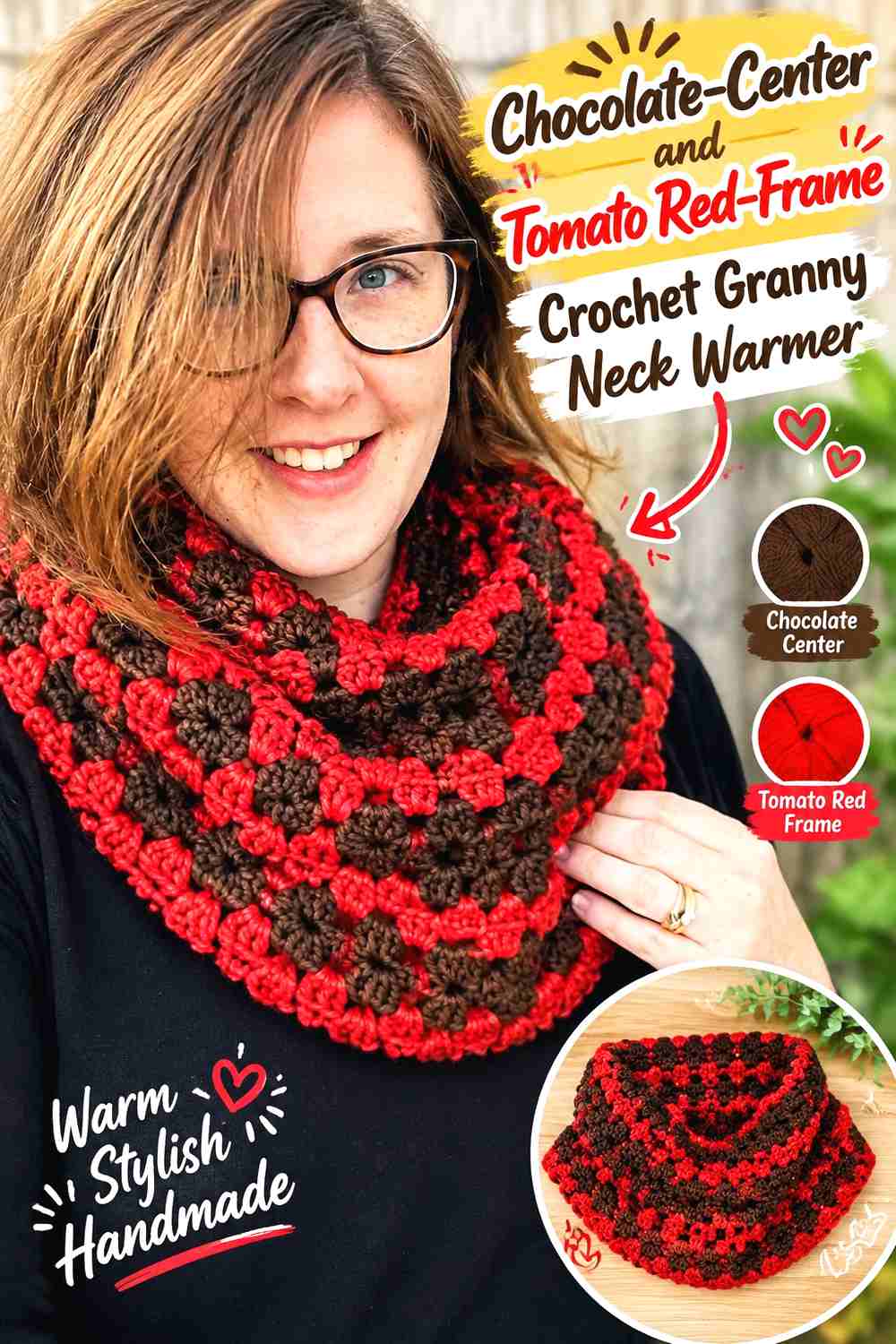 9. Chocolate-Center and Tomato Red-Frame Crochet Granny Neck Warmer