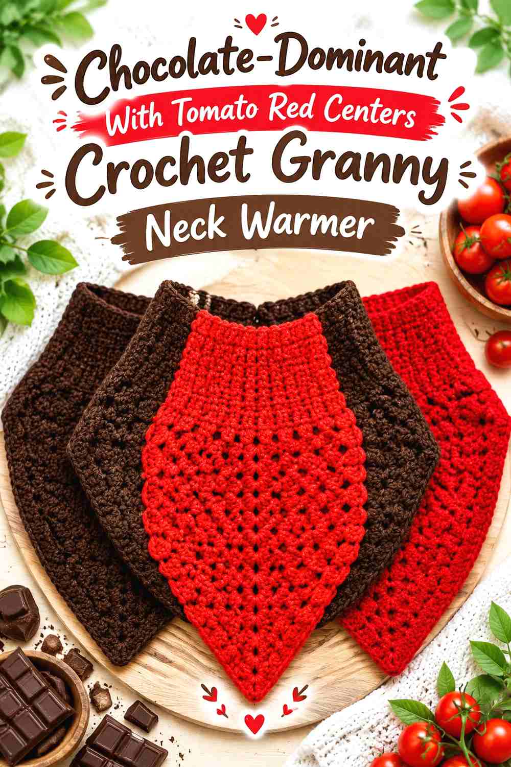 1. Chocolate-Dominant With Tomato Red Centers Crochet Granny Neck Warmer