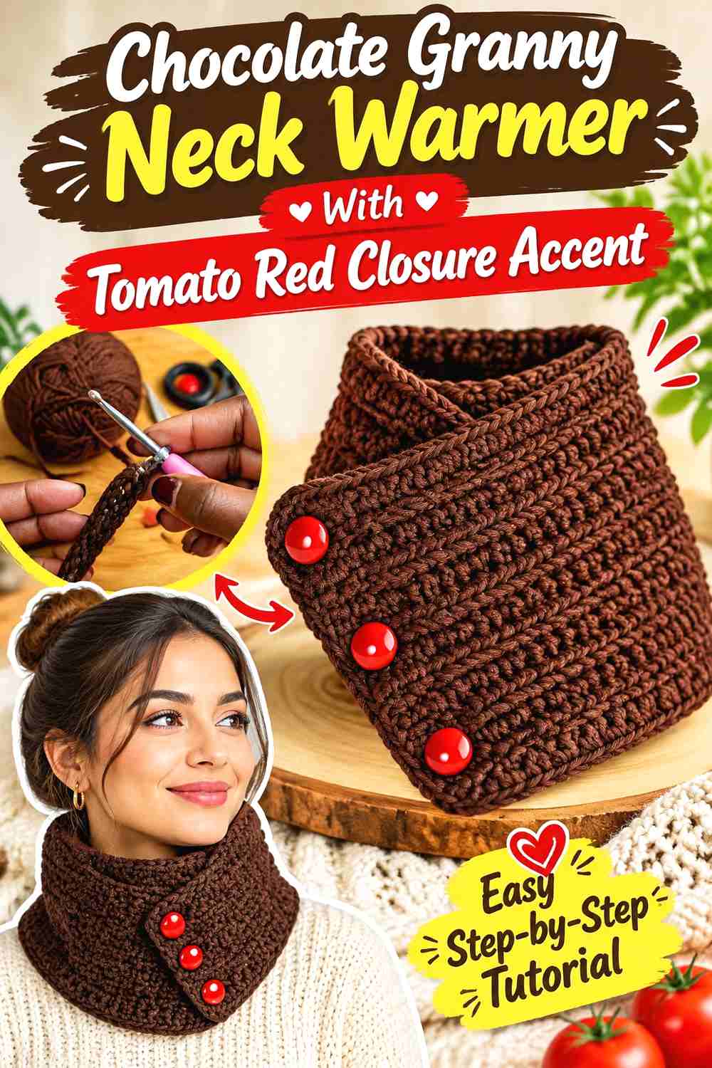 11. Chocolate Granny Neck Warmer With Tomato Red Closure Accent