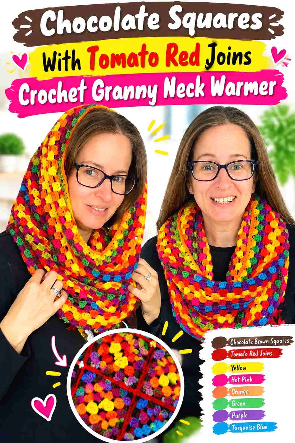 4. Chocolate Squares With Tomato Red Joins Crochet Granny Neck Warmer