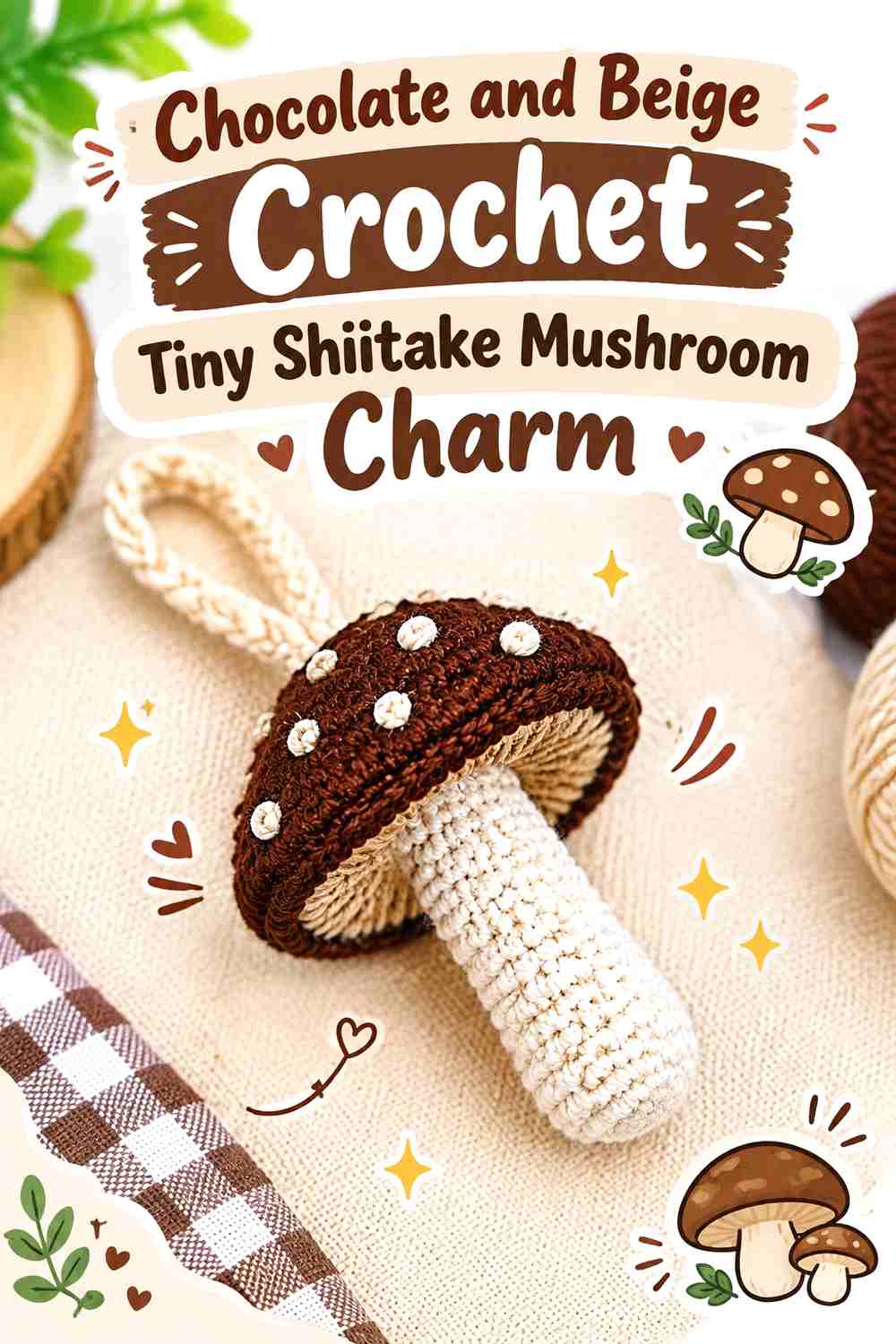 12. Chocolate And Beige Crochet Tiny Shiitake Mushroom Charm