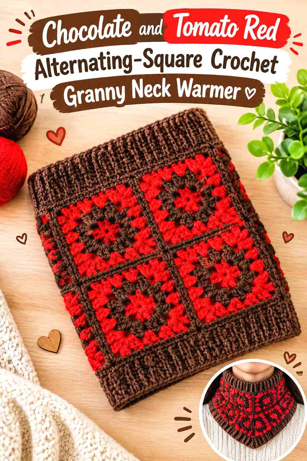 3. Chocolate and Tomato Red Alternating-Square Crochet Granny Neck Warmer