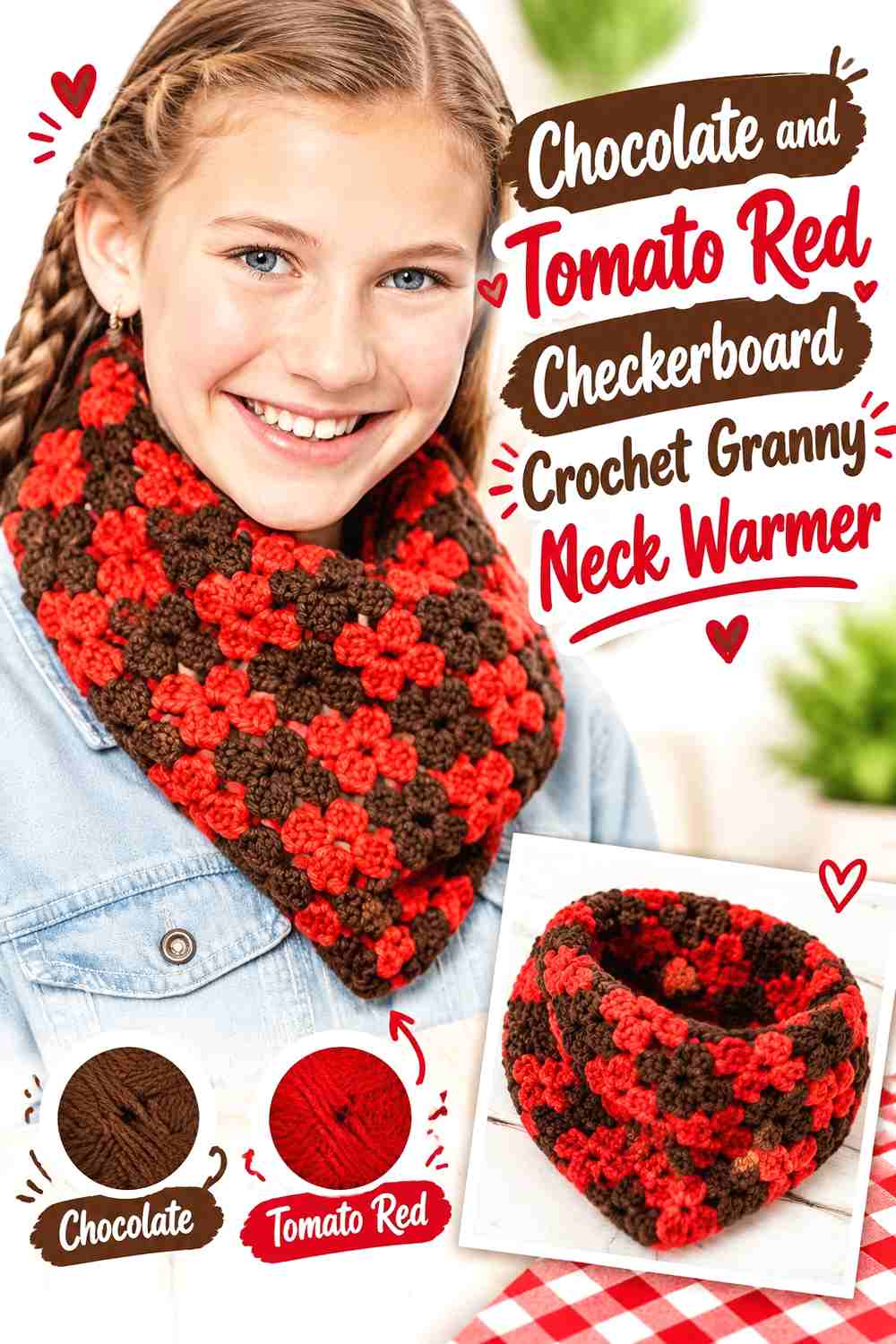 8. Chocolate and Tomato Red Checkerboard Crochet Granny Neck Warmer