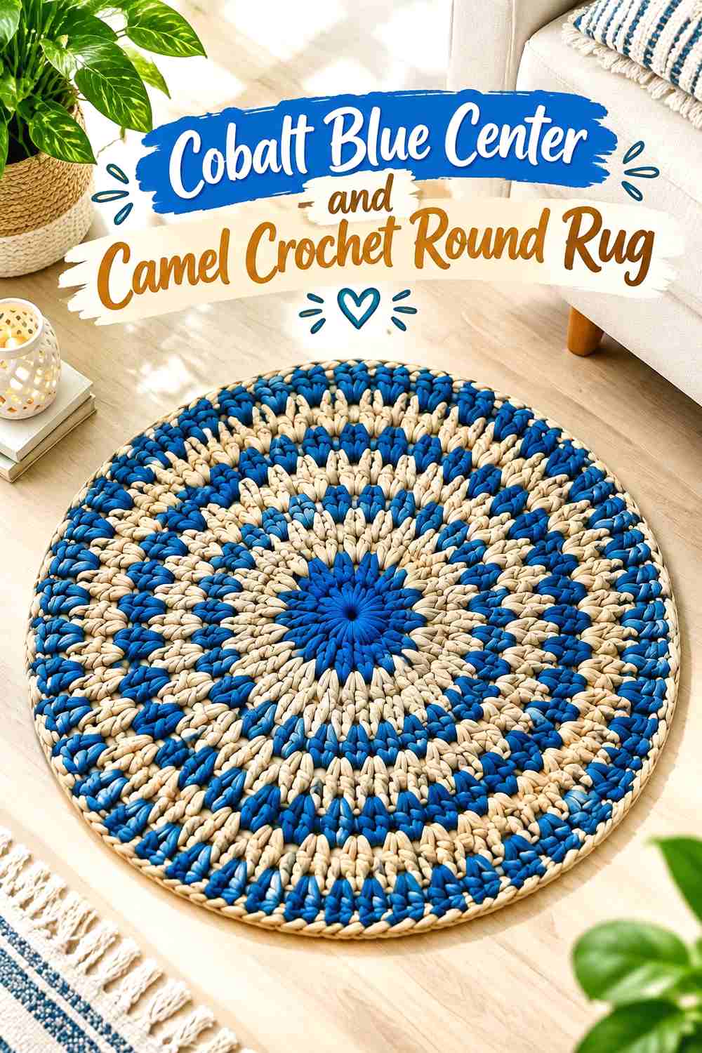 13. Cobalt Blue Center And Camel Crochet Round Rug