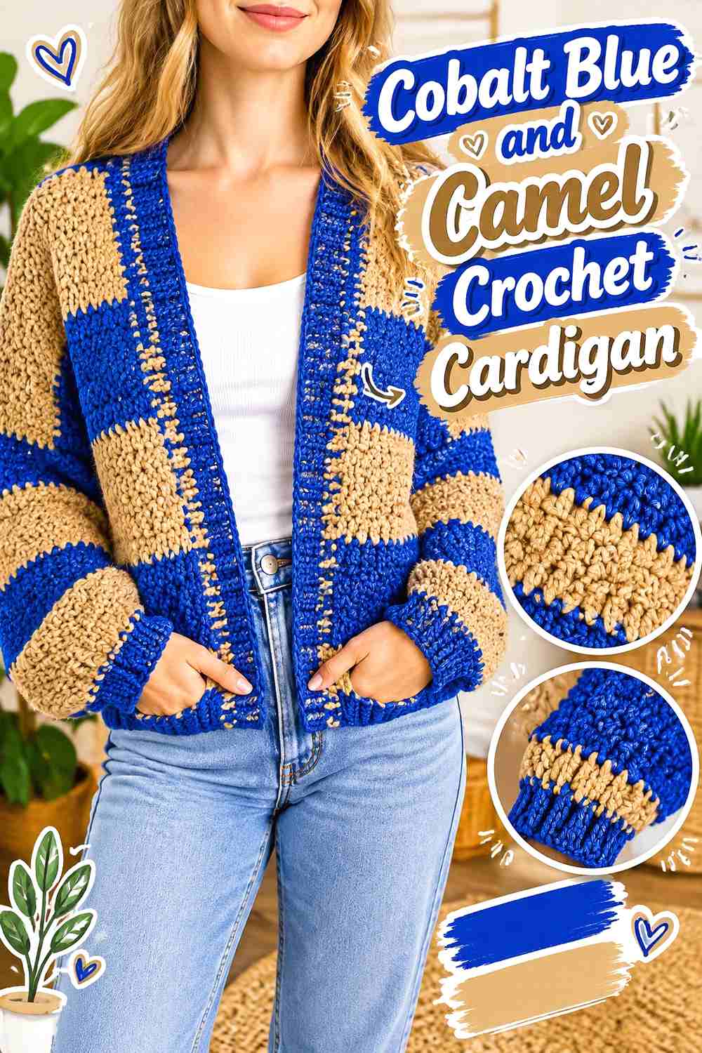 2. Cobalt Blue And Camel Crochet Cardigan