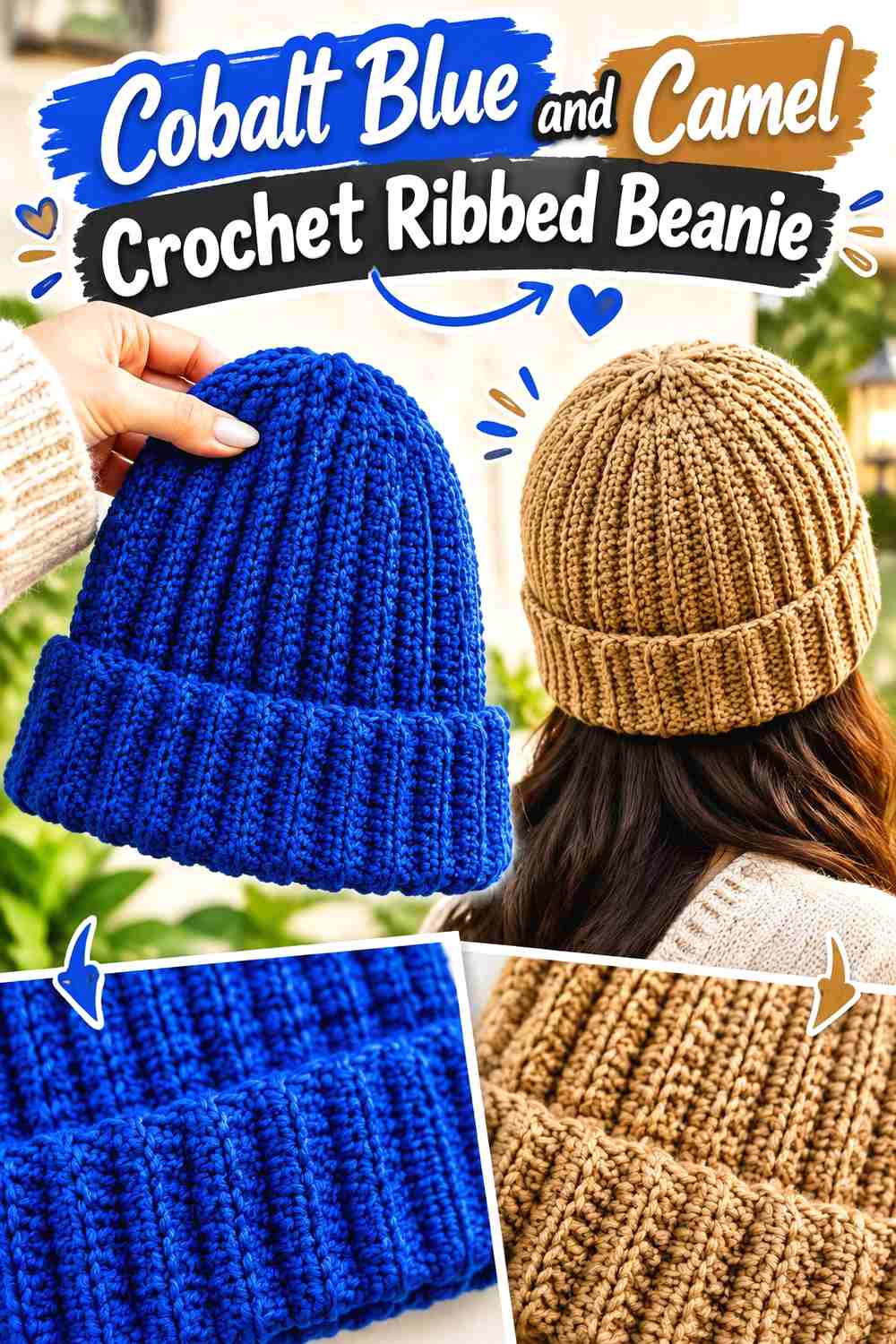 6. Cobalt Blue And Camel Crochet Ribbed Beanie