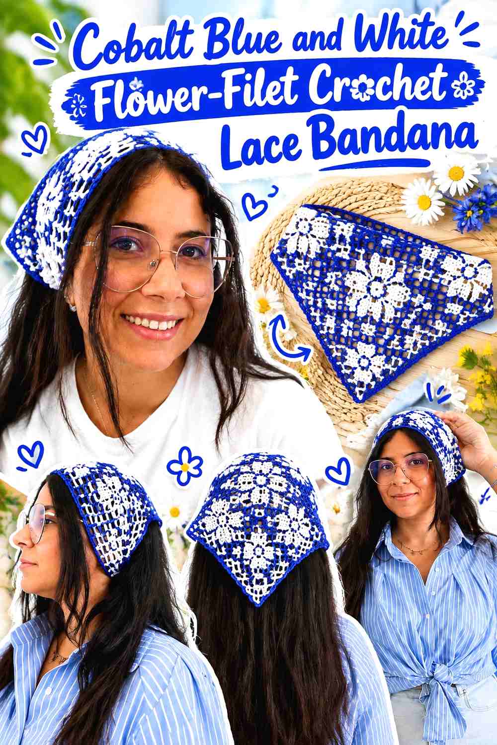 15. Cobalt Blue And White Flower Filet Crochet Lace Bandana