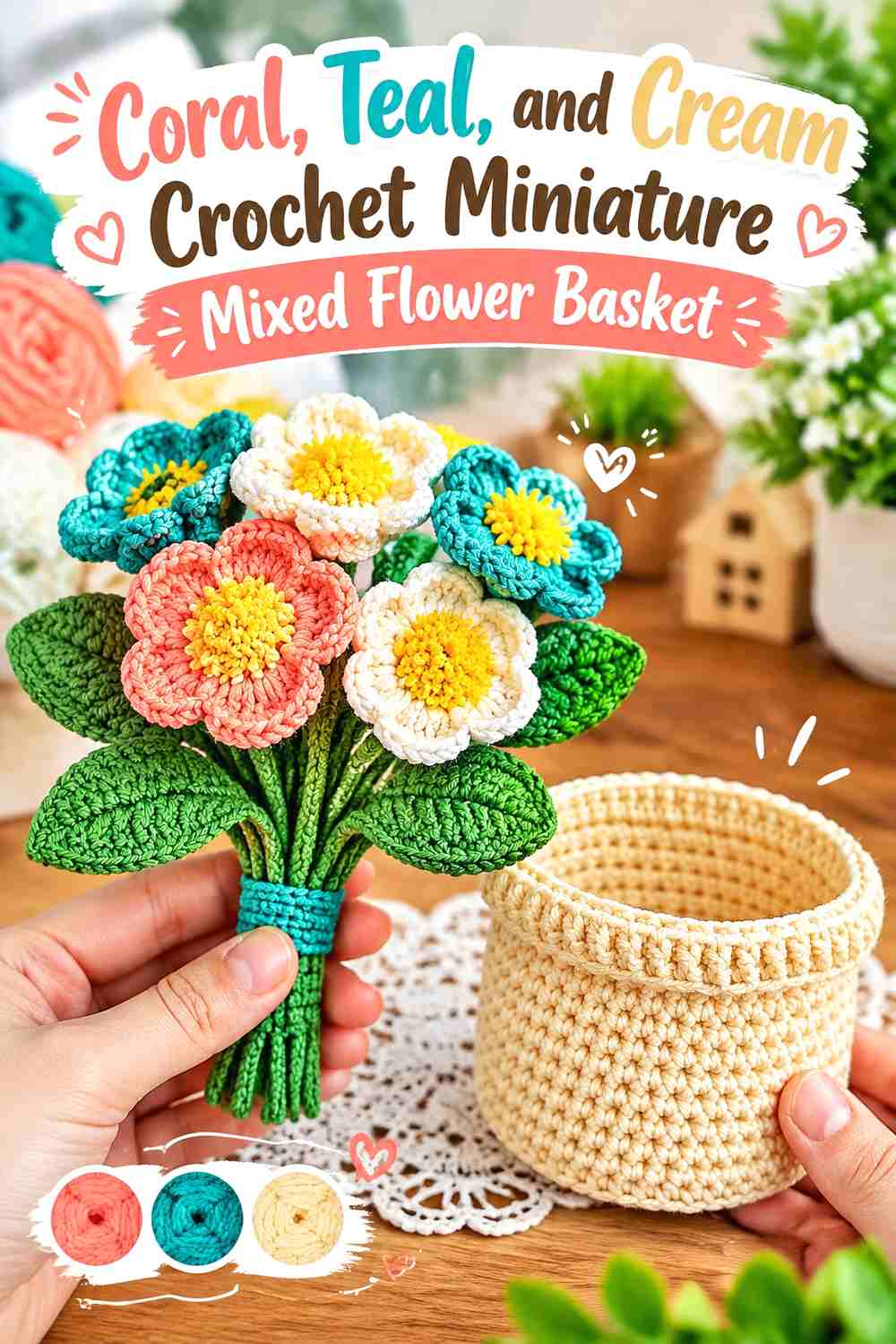 7. Coral Teal And Cream Crochet Miniature Mixed Flower Basket