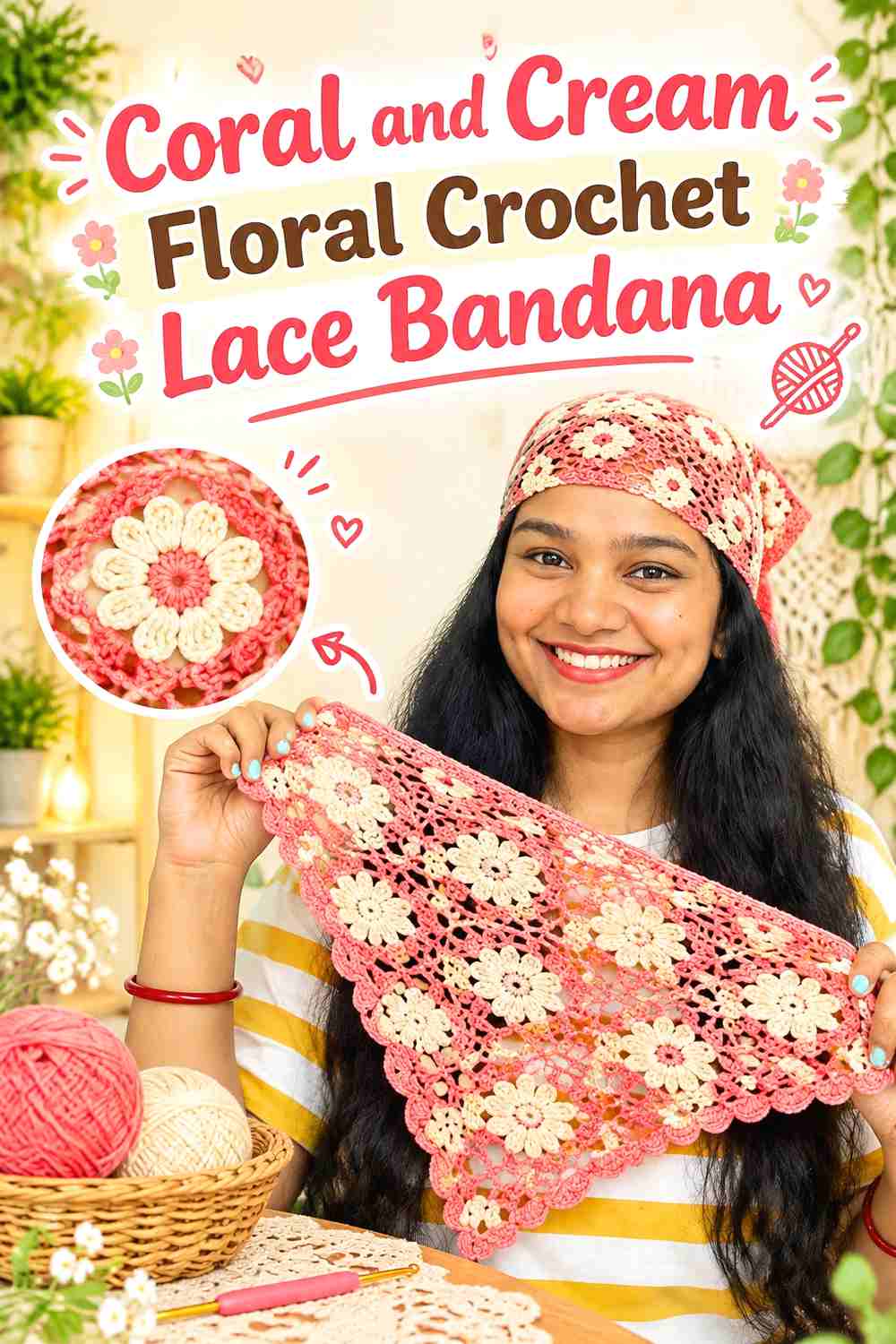 13. Coral And Cream Floral Crochet Lace Bandana