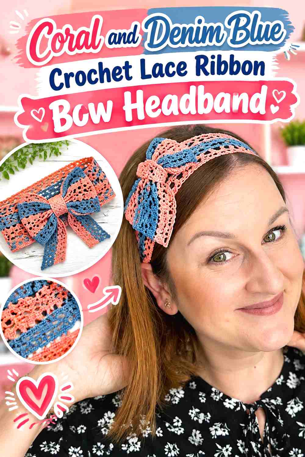 11. Coral And Denim Blue Crochet Lace Ribbon Bow Headband