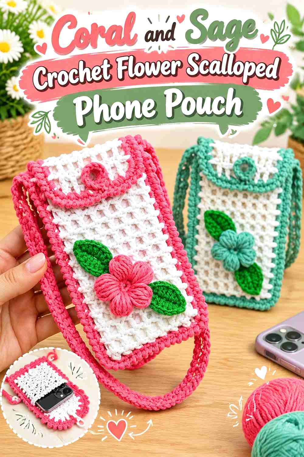 7. Coral And Sage Crochet Flower Scalloped Phone Pouch