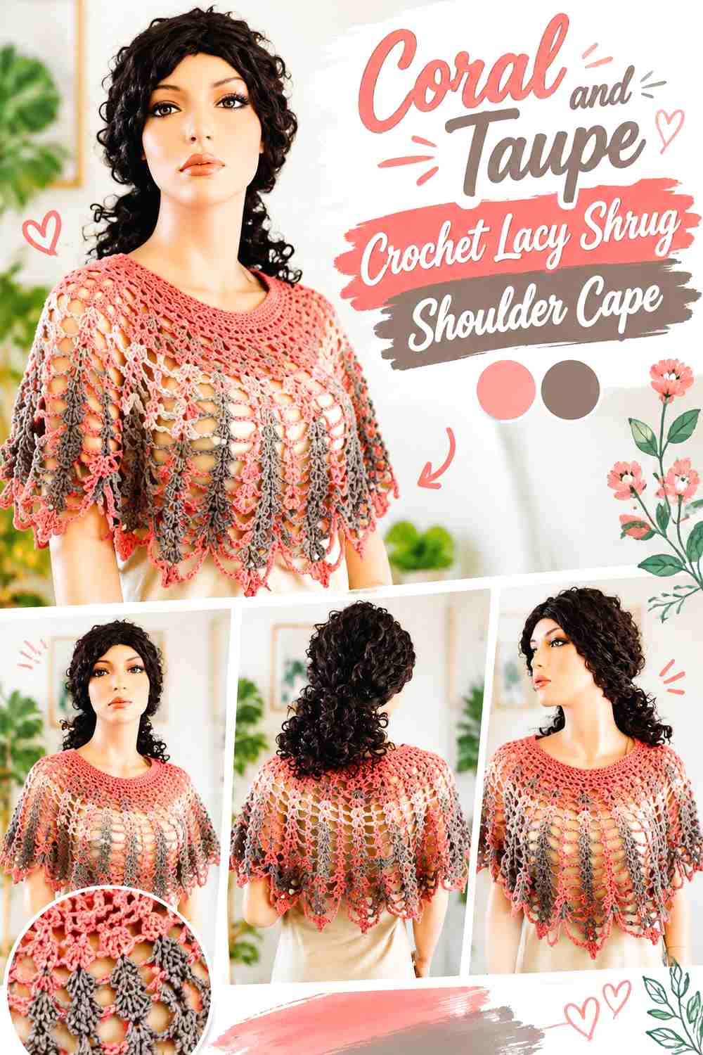 16. Coral And Taupe Crochet Lacy Shrug Shoulder Cape
