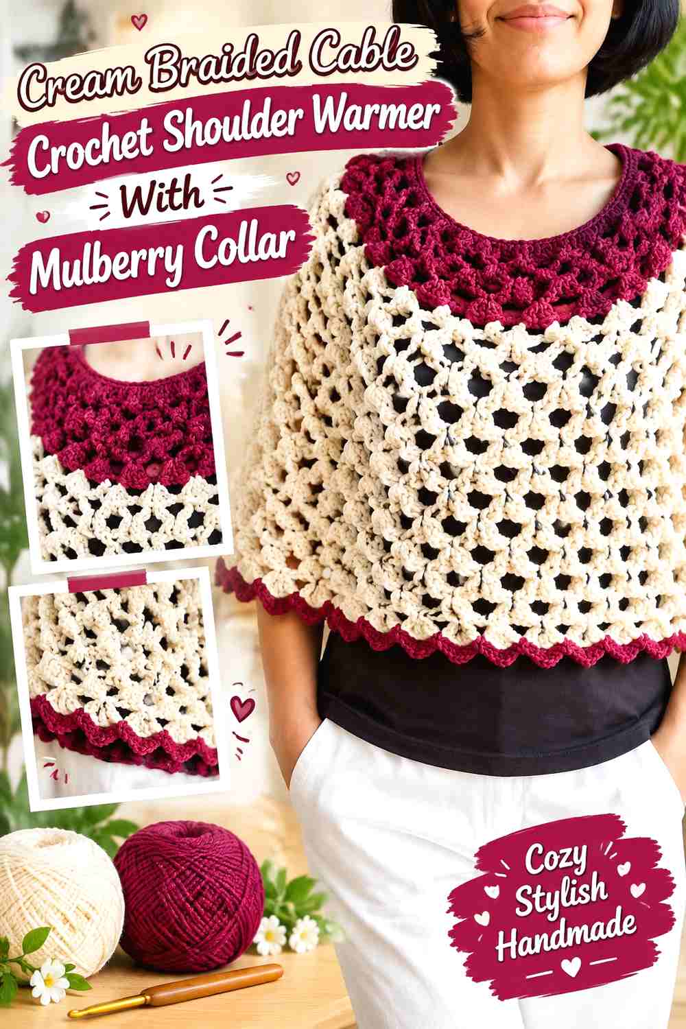 6. Cream Braided Cable Crochet Shoulder Warmer With Mulberry Collar