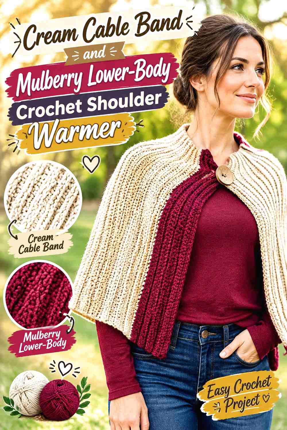 8. Cream Cable Band and Mulberry Lower-Body Crochet Shoulder Warmer