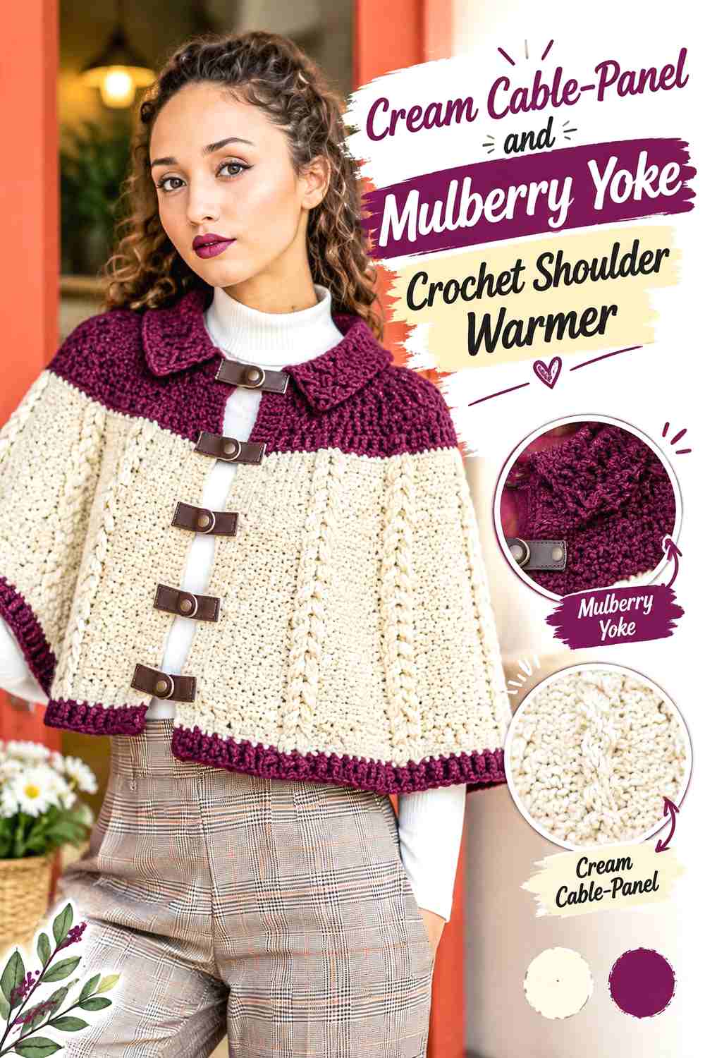 2. Cream Cable-Panel and Mulberry Yoke Crochet Shoulder Warmer