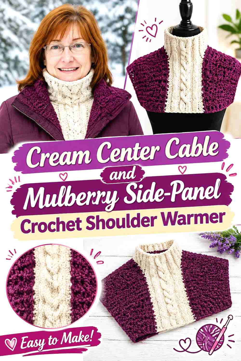 4. Cream Center Cable and Mulberry Side-Panel Crochet Shoulder Warmer