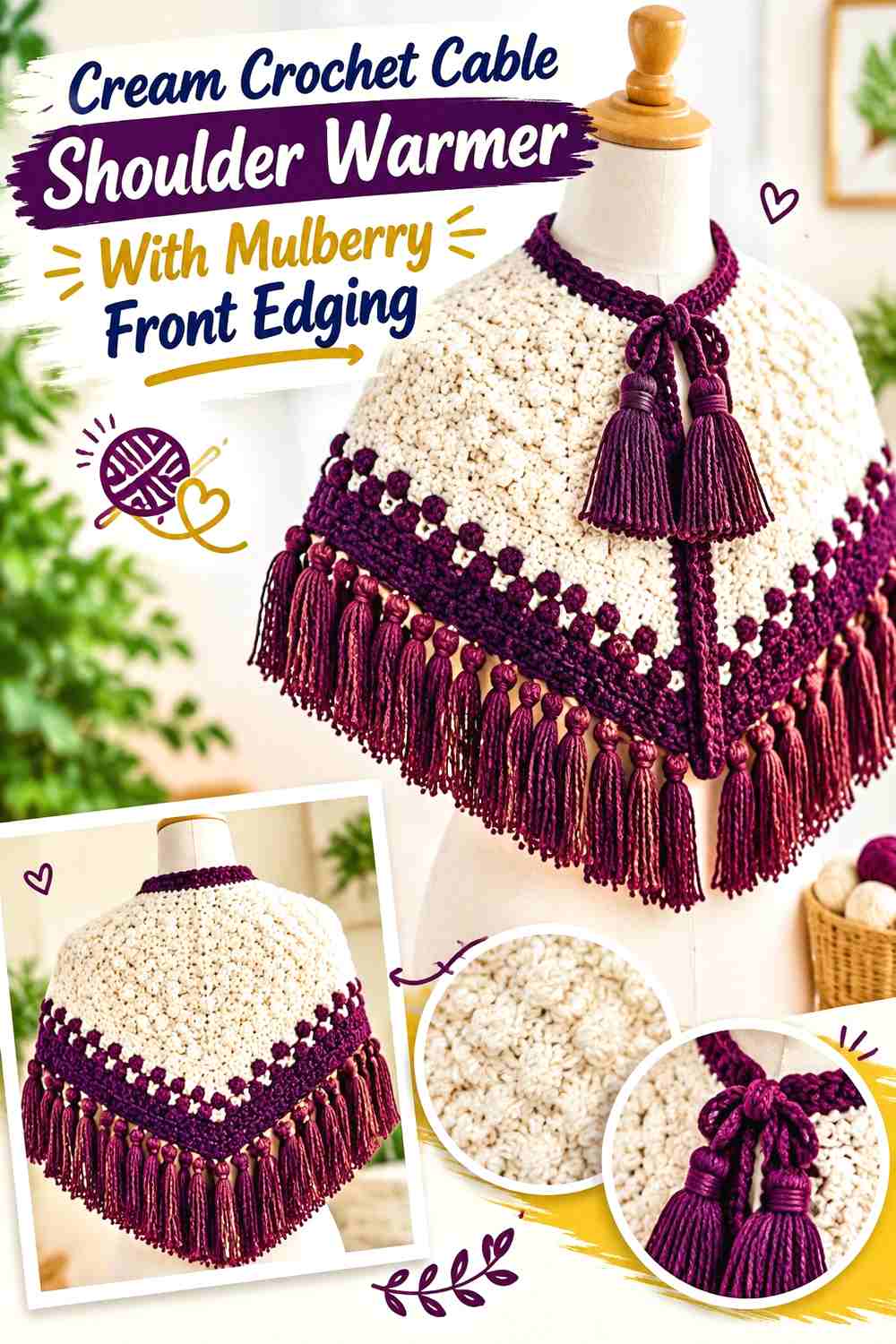 12. Cream Crochet Cable Shoulder Warmer With Mulberry Front Edging