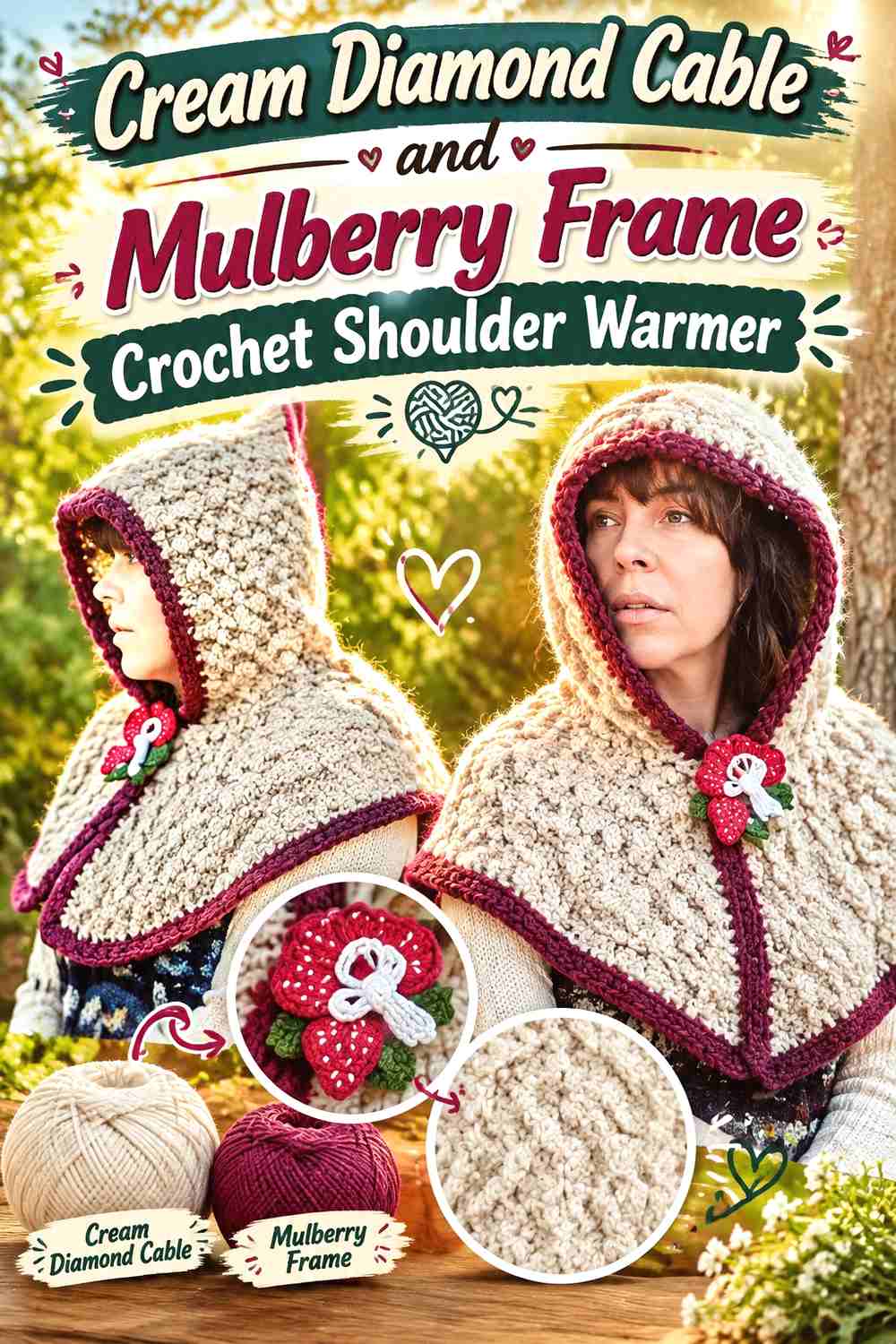 10. Cream Diamond Cable and Mulberry Frame Crochet Shoulder Warmer