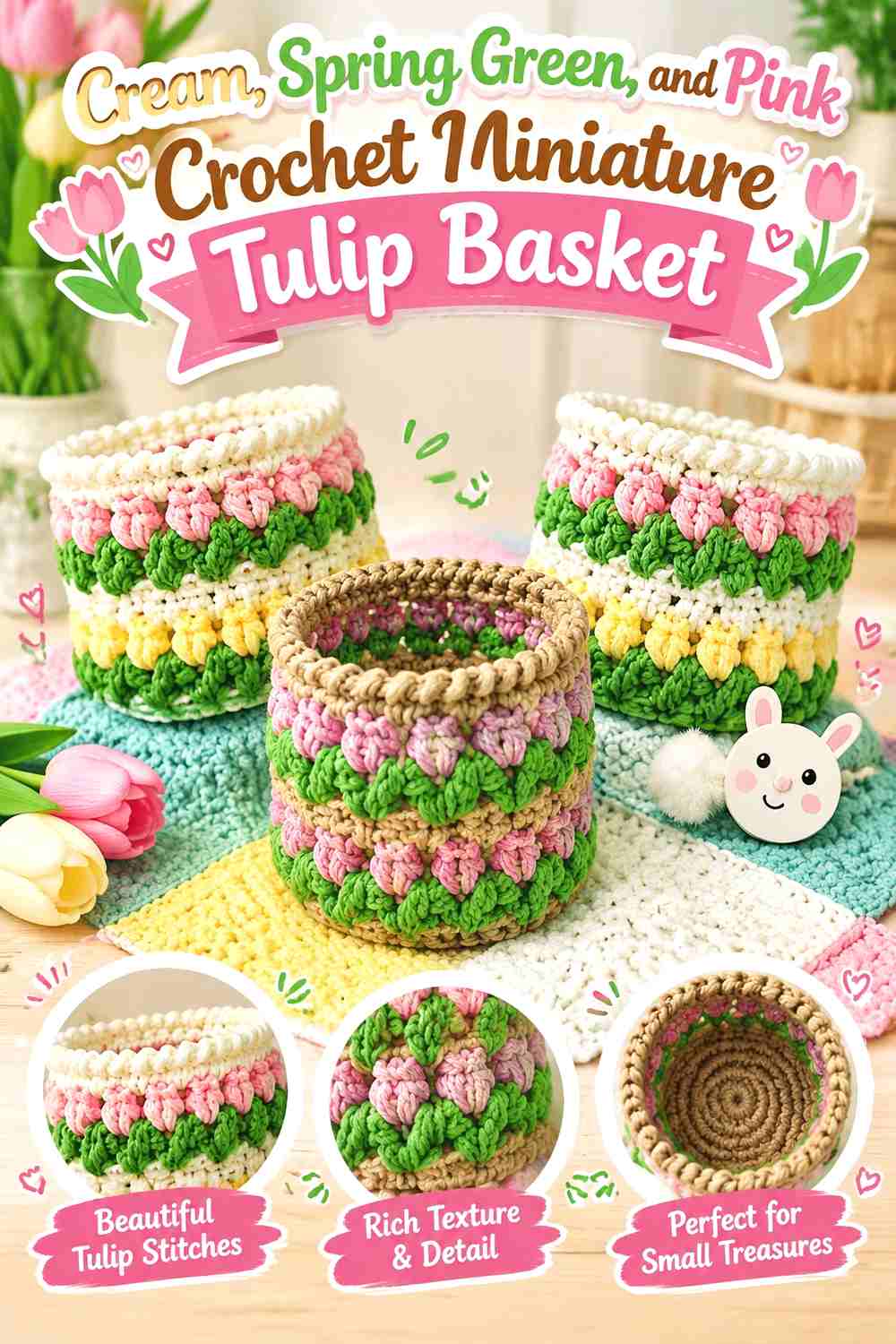 12. Cream Spring Green And Pink Crochet Miniature Tulip Basket
