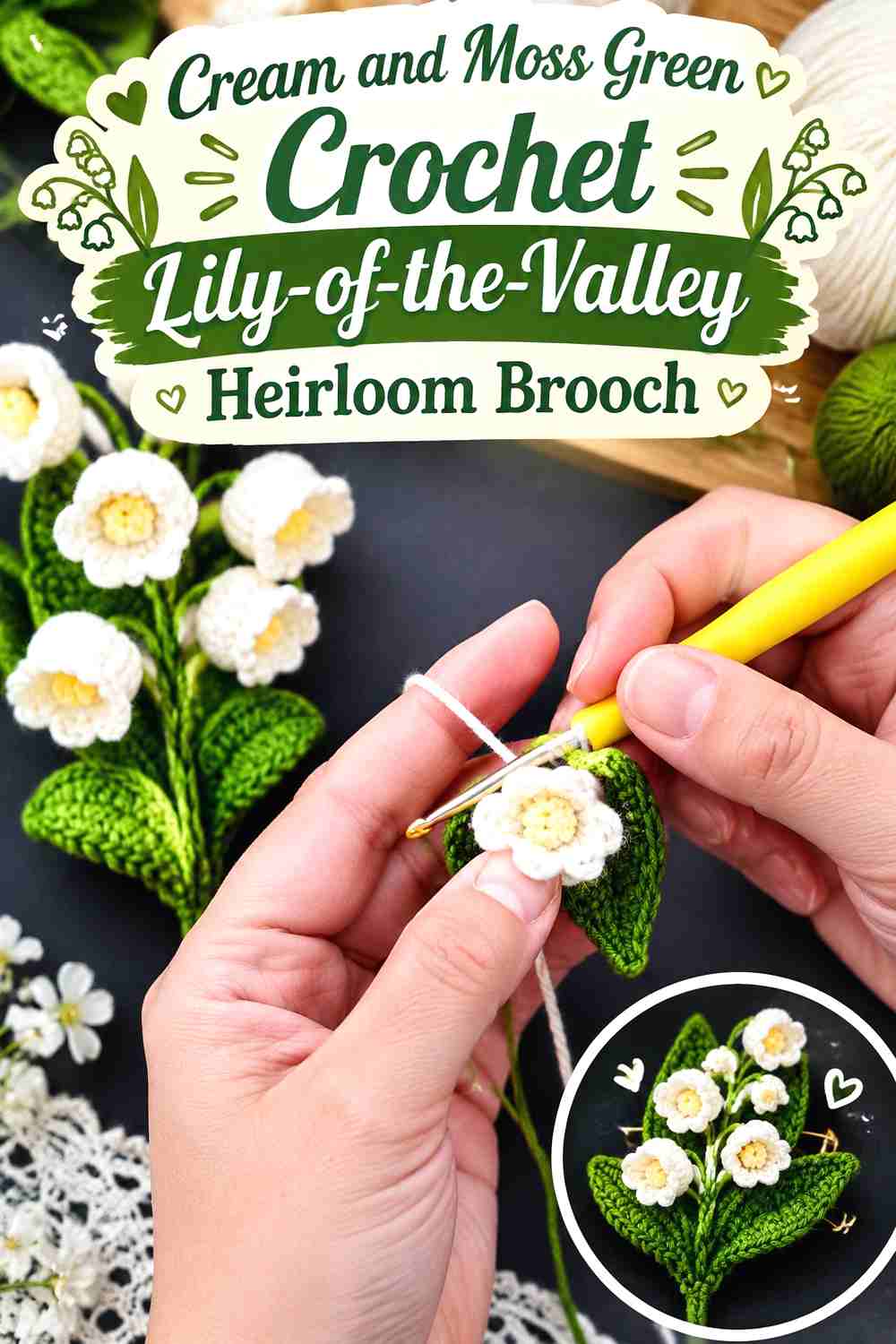 14. Cream And Moss Green Crochet Lily Of The Valley Heirloom Brooch