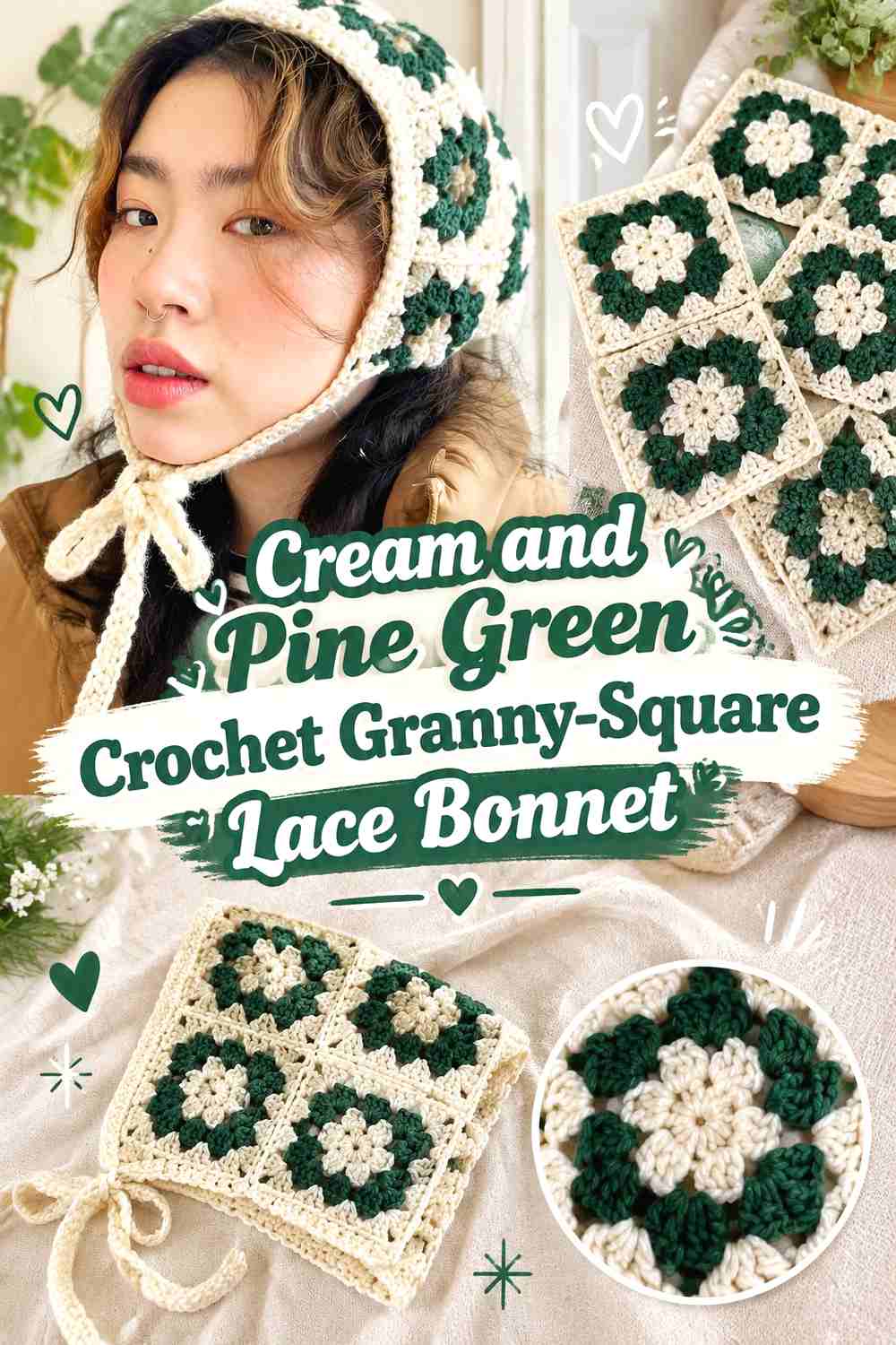 9. Cream and Pine Green Crochet Granny-Square Lace Bonnet