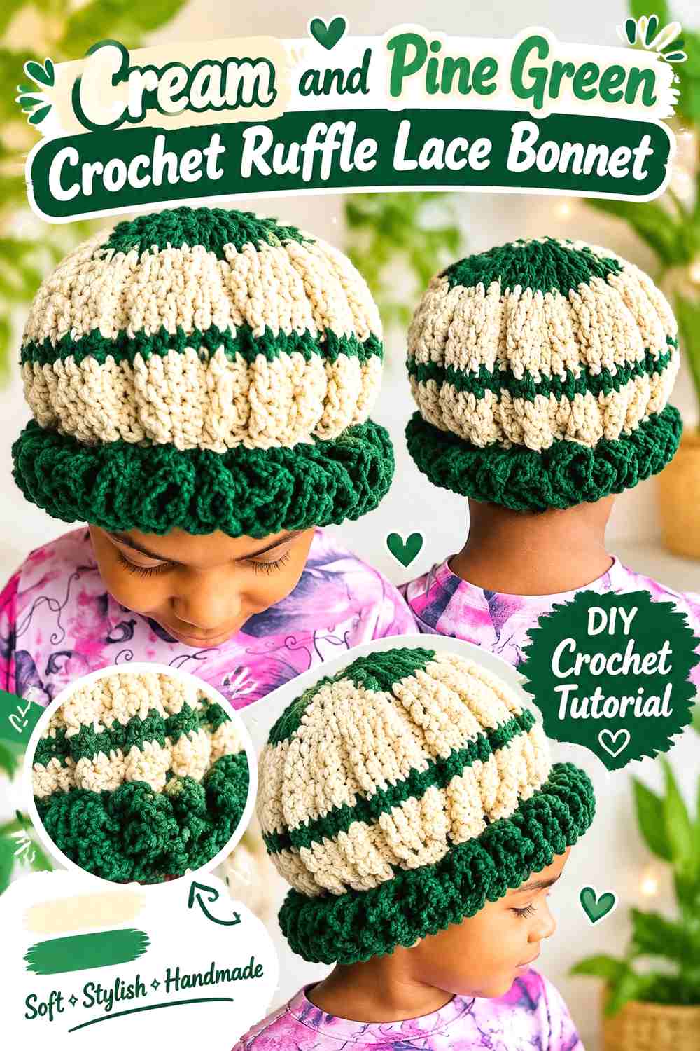 12. Cream and Pine Green Crochet Ruffle Lace Bonnet
