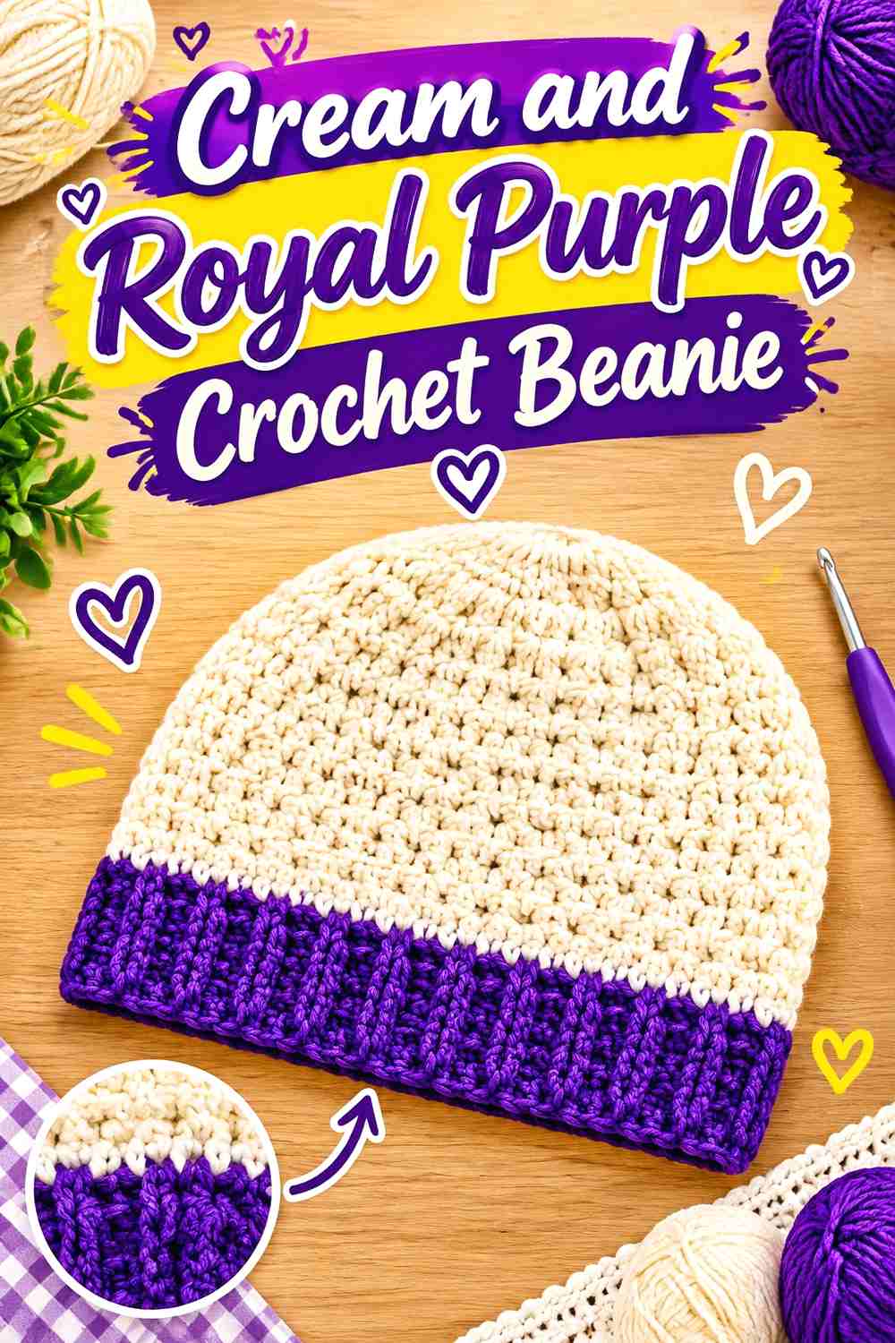 5. Cream And Royal Purple Crochet Beanie
