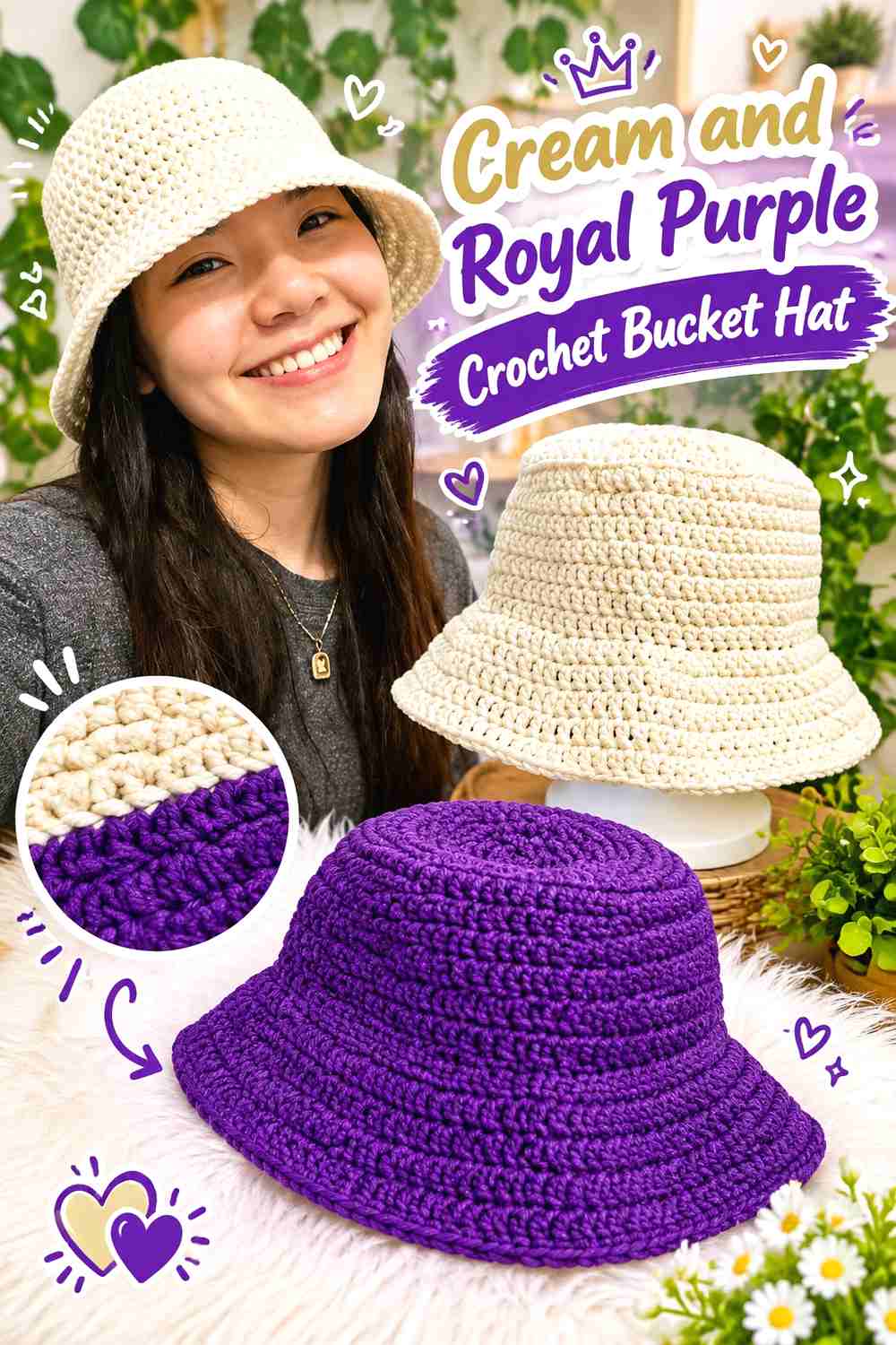 8. Cream And Royal Purple Crochet Bucket Hat