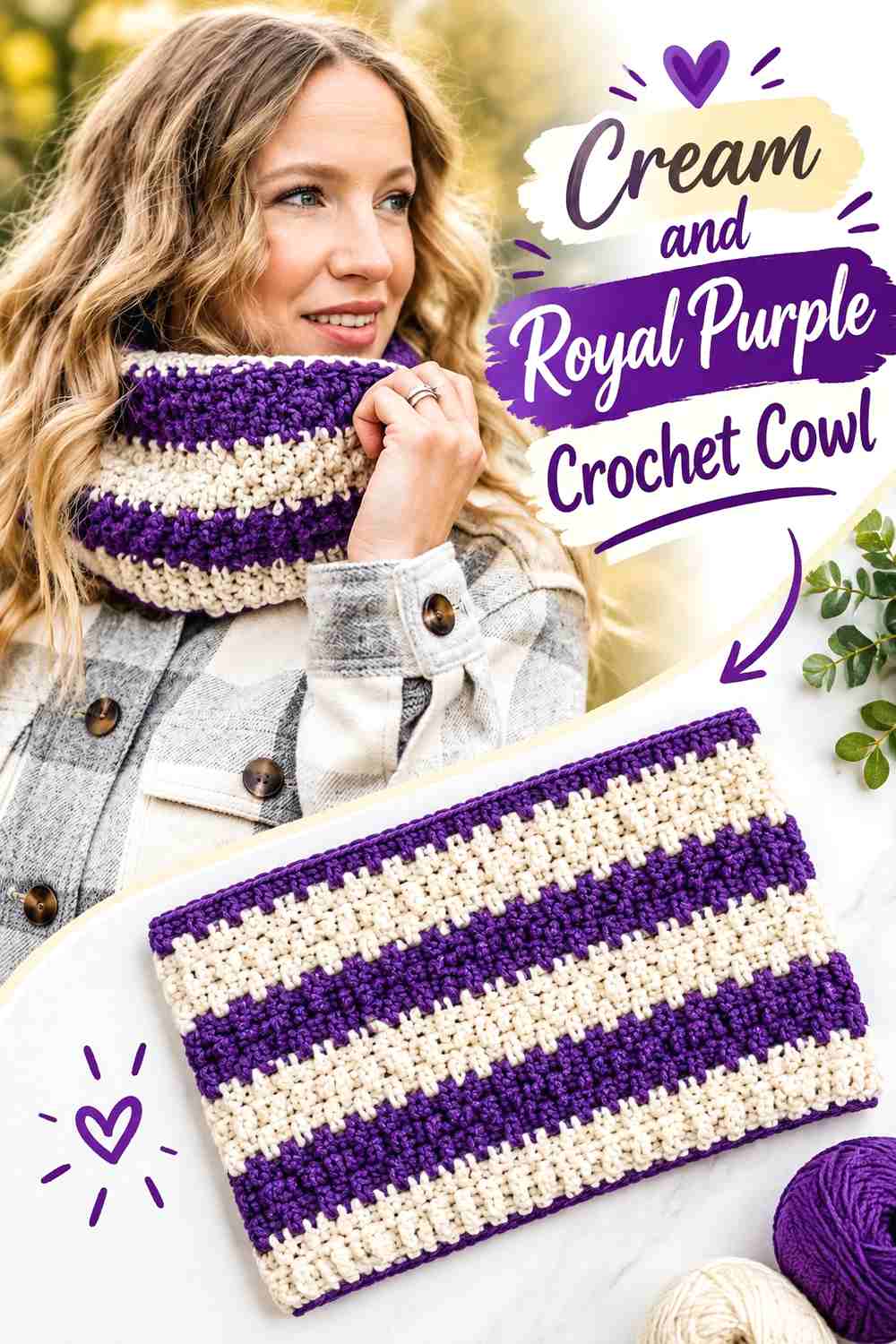 16. Cream And Royal Purple Crochet Cowl