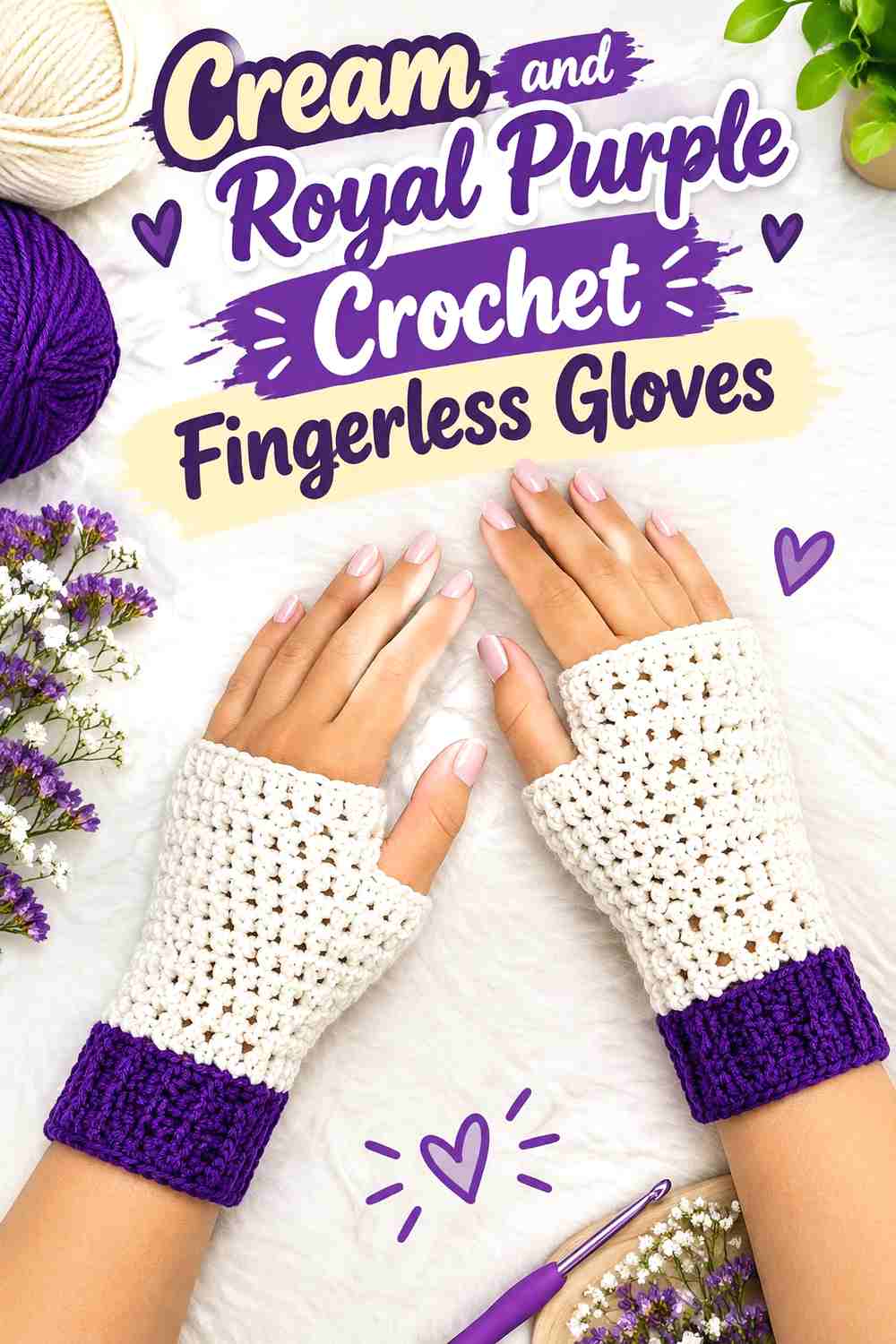 15. Cream And Royal Purple Crochet Fingerless Gloves