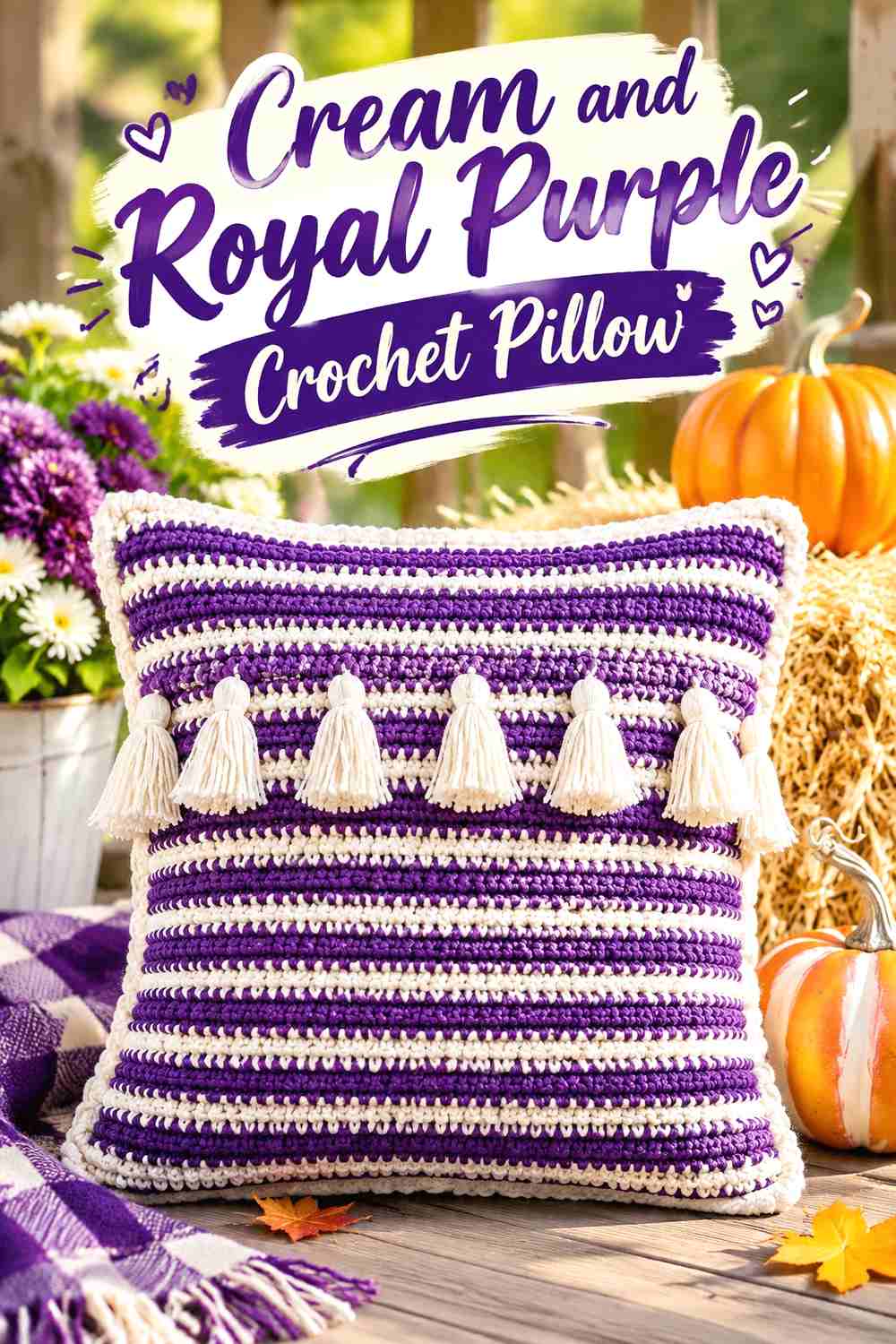 2. Cream And Royal Purple Crochet Pillow