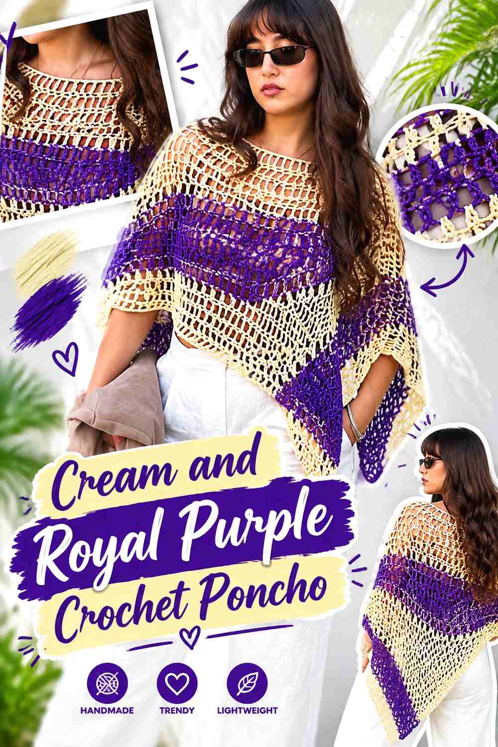 14. Cream And Royal Purple Crochet Poncho