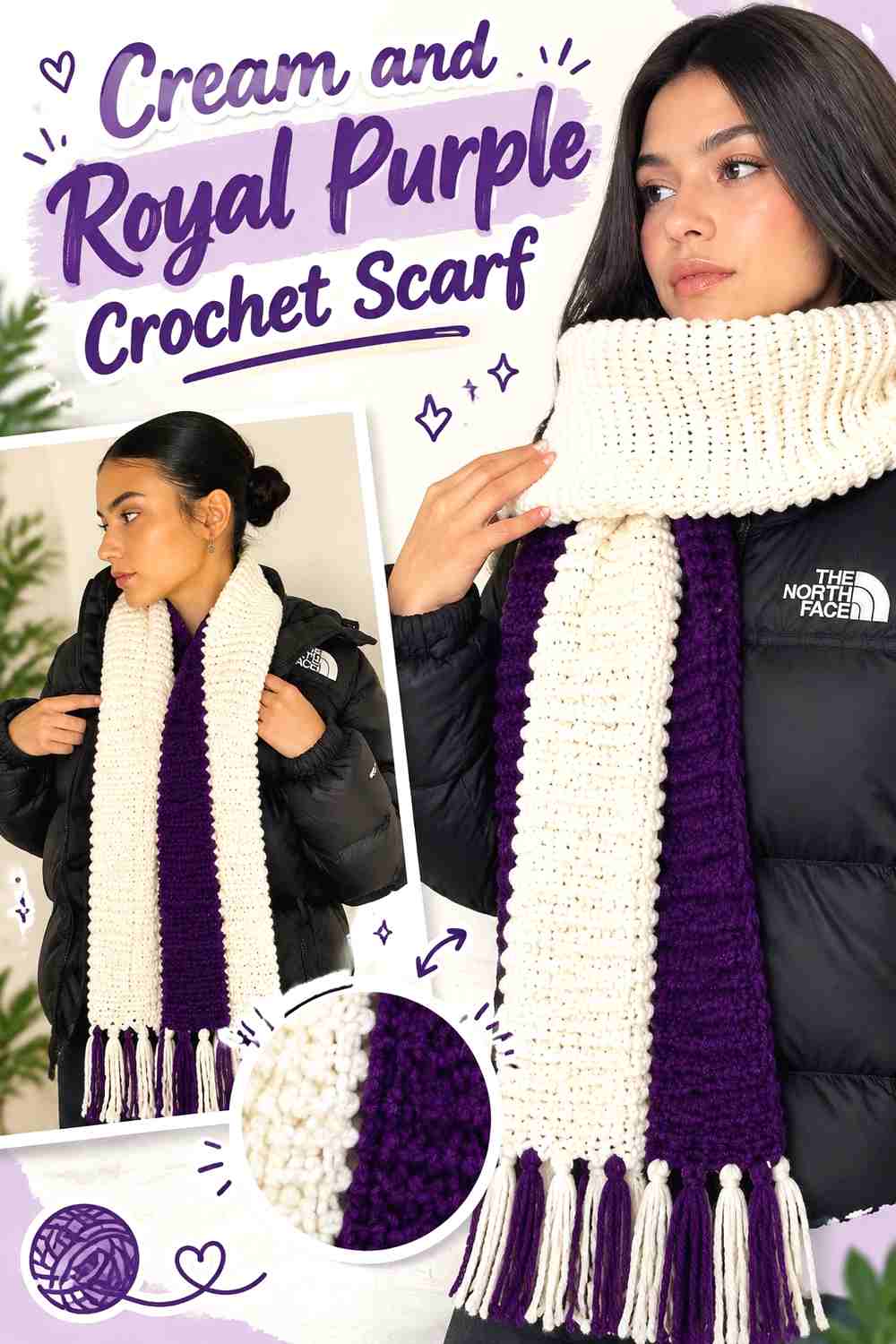 4. Cream And Royal Purple Crochet Scarf