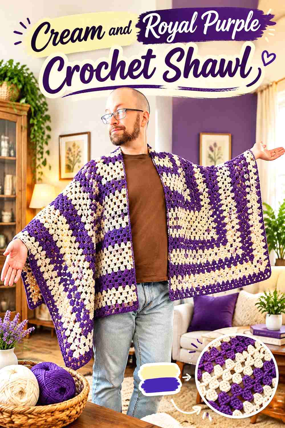 6. Cream And Royal Purple Crochet Shawl