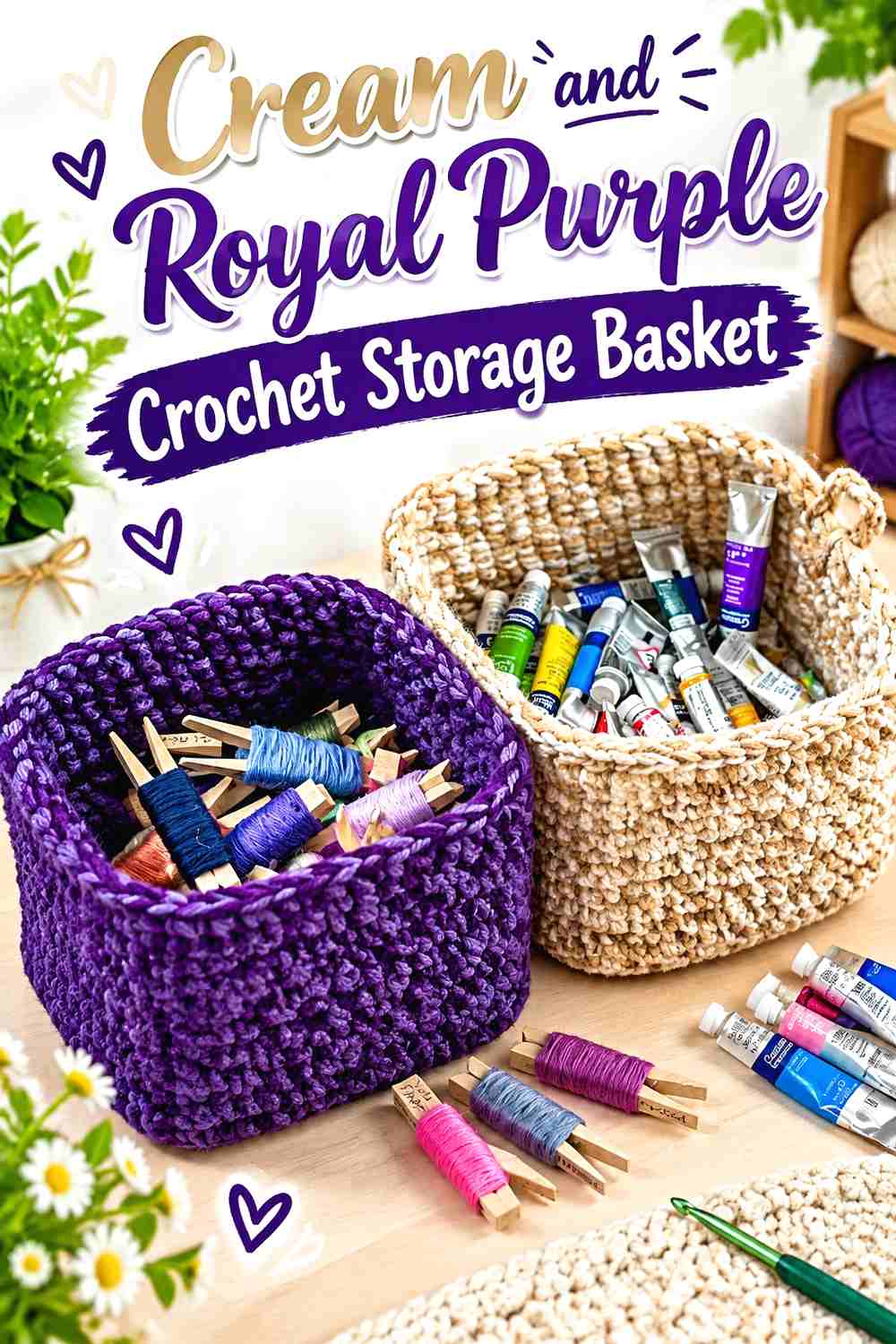 10. Cream And Royal Purple Crochet Storage Basket