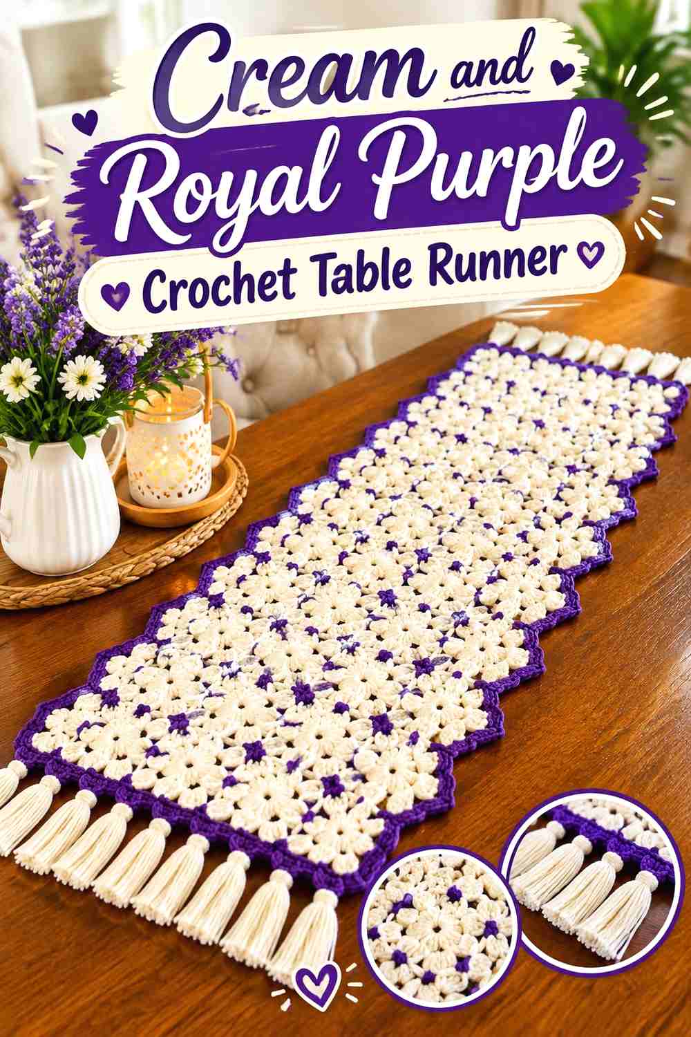 13. Cream And Royal Purple Crochet Table Runner