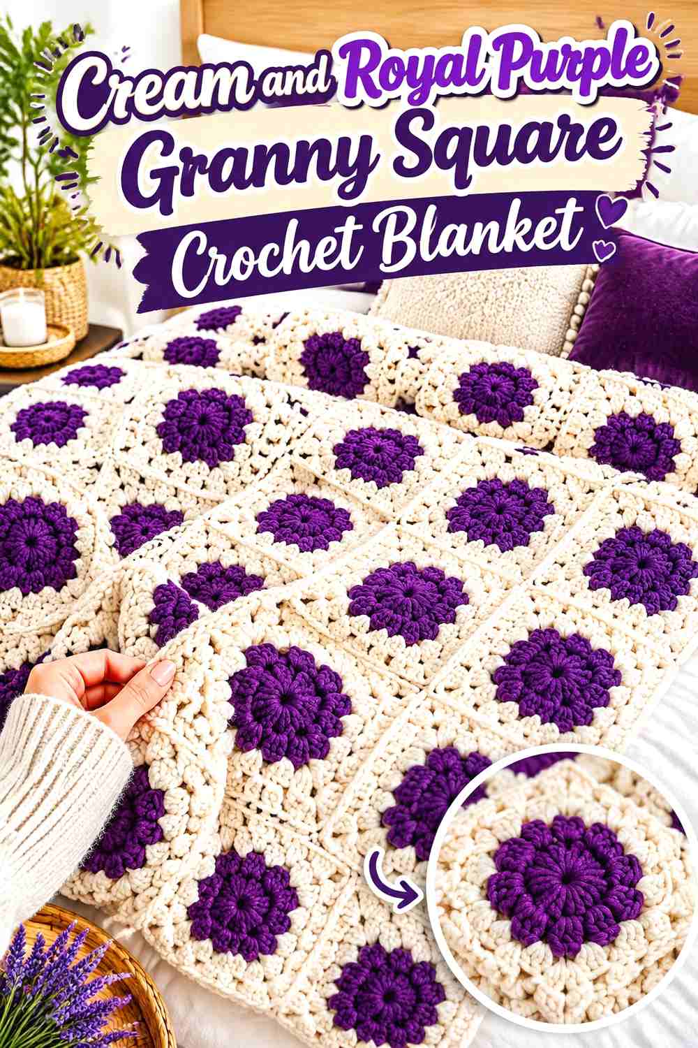 1. Cream And Royal Purple Granny Square Crochet Blanket