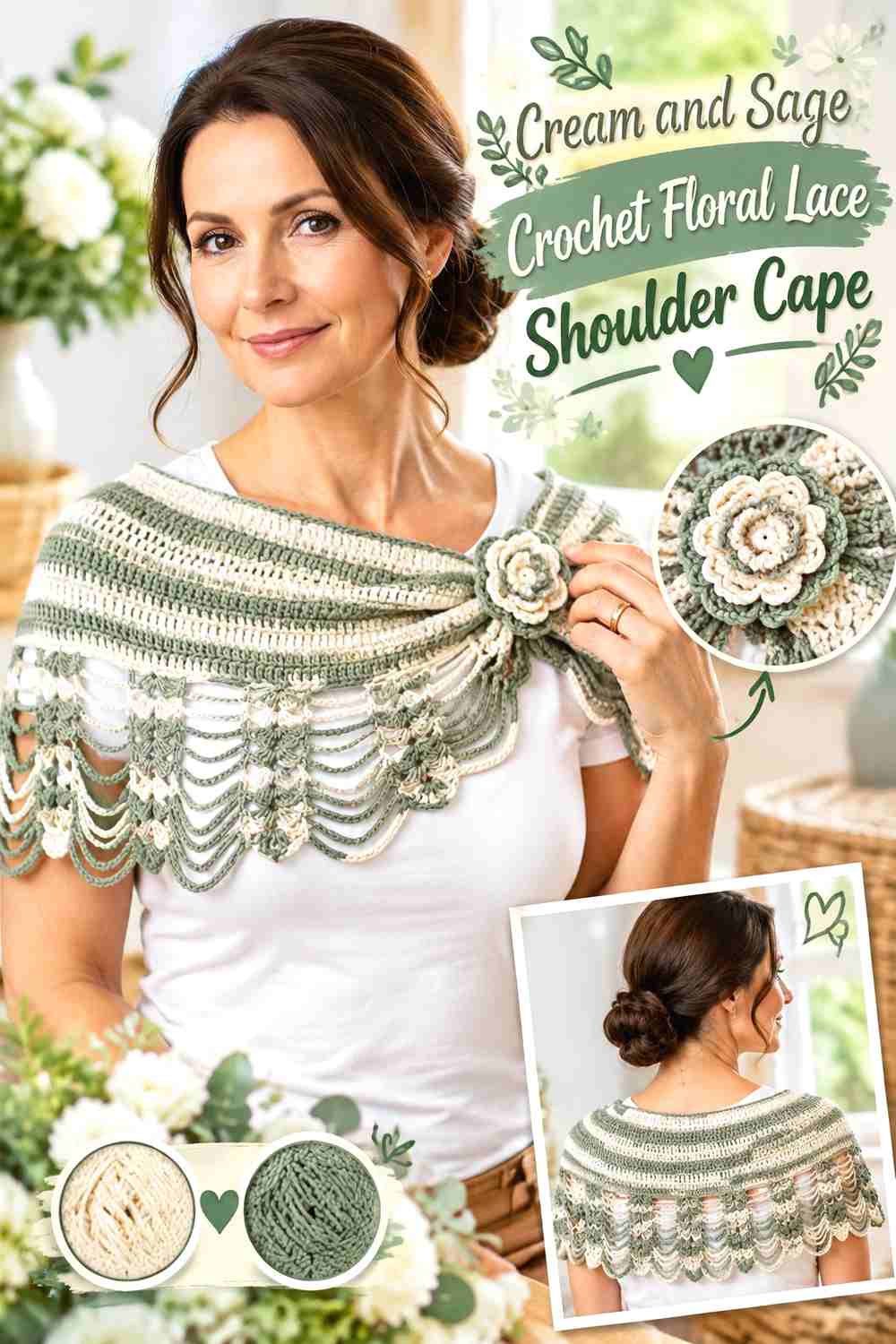 4. Cream And Sage Crochet Floral Lace Shoulder Cape
