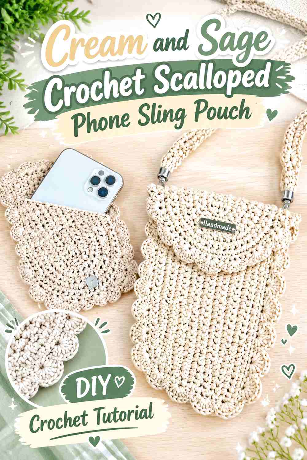 1. Cream And Sage Crochet Scalloped Phone Sling Pouch