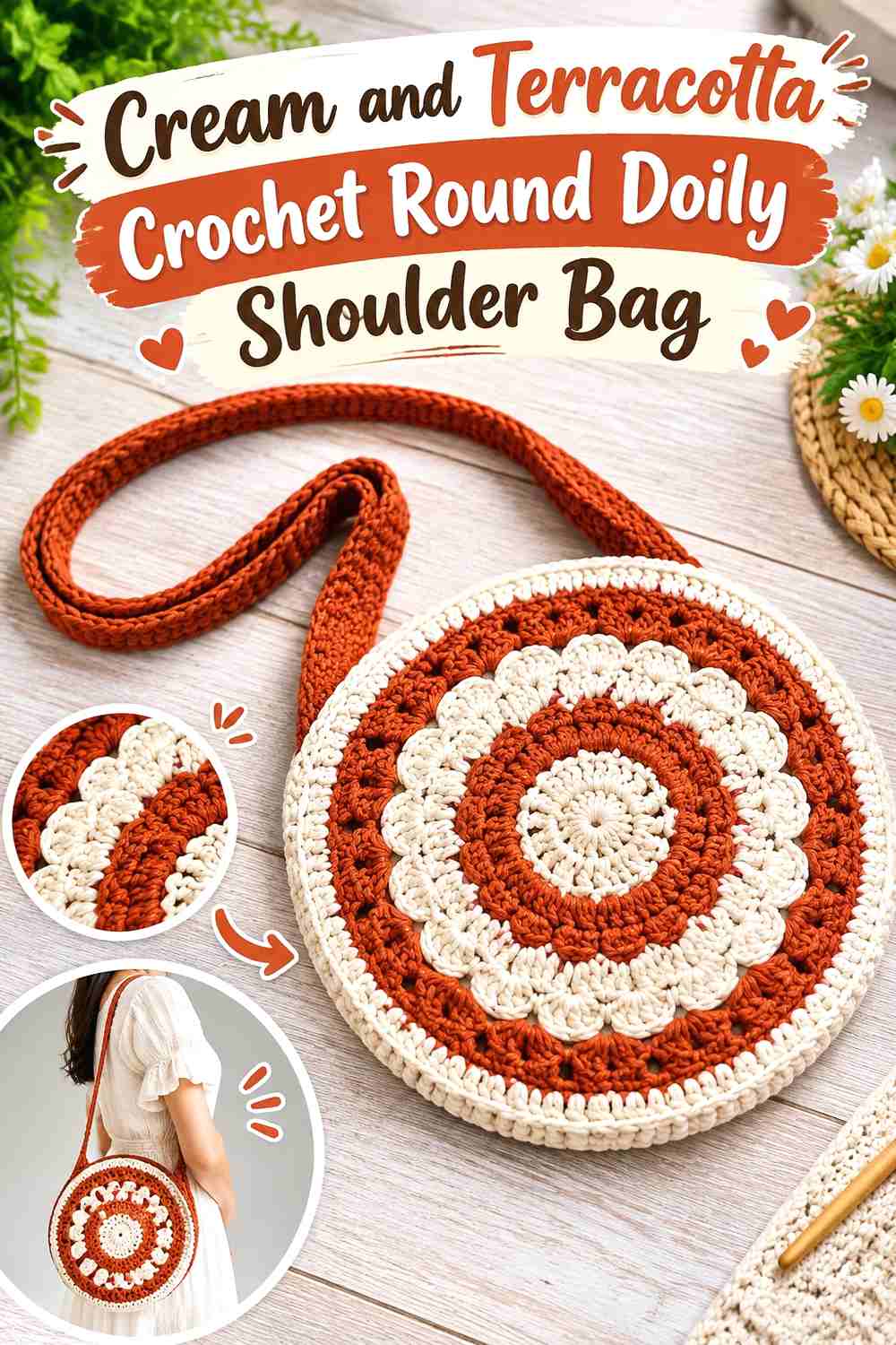 3. Cream And Terracotta Crochet Round Doily Shoulder Bag