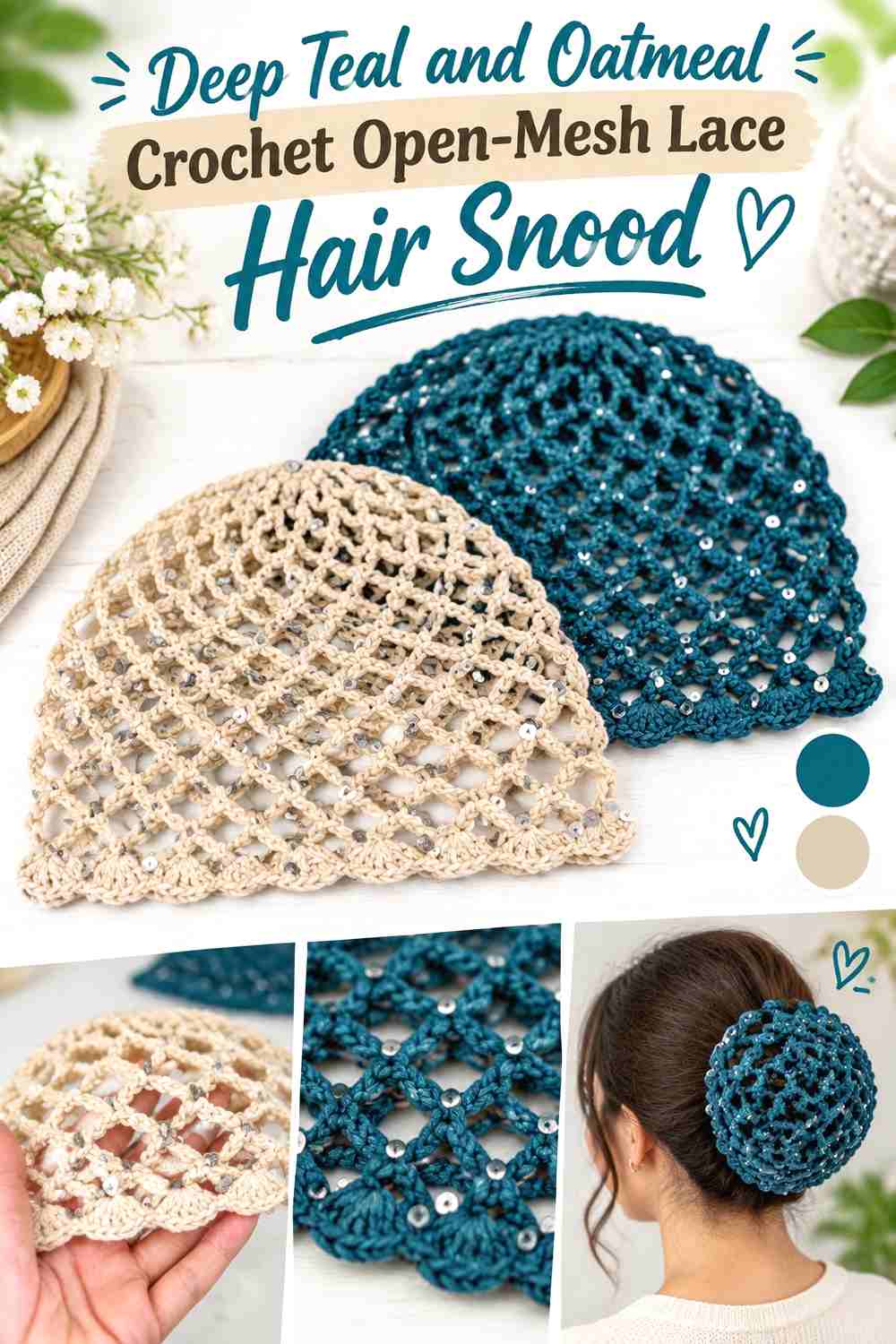 5. Deep Teal And Oatmeal Crochet Open Mesh Lace Hair Snood
