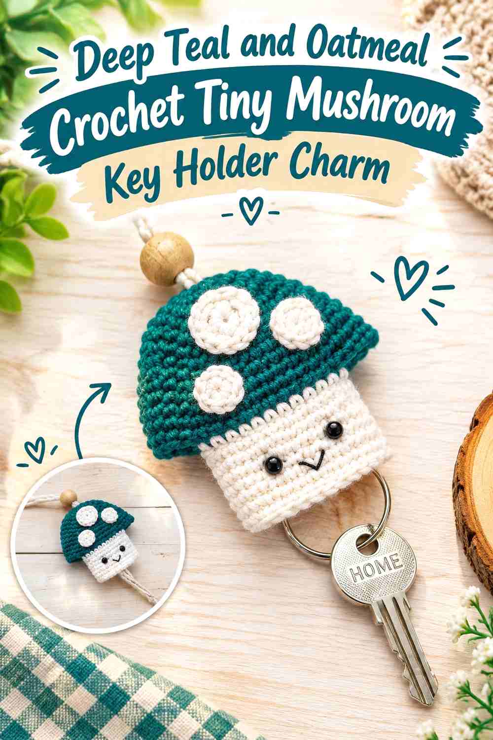 11. Deep Teal And Oatmeal Crochet Tiny Mushroom Key Holder Charm