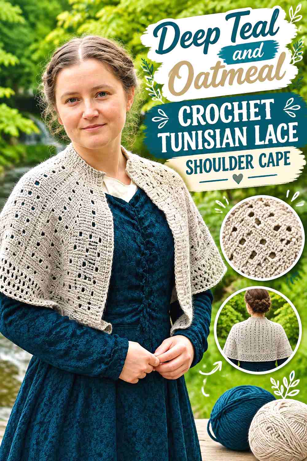 2. Deep Teal And Oatmeal Crochet Tunisian Lace Shoulder Cape