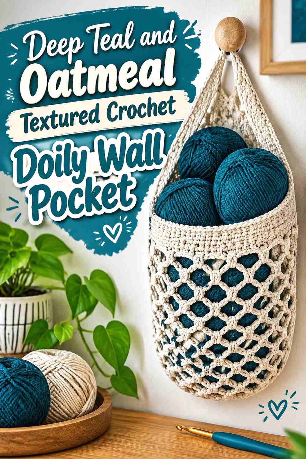 11. Deep Teal And Oatmeal Textured Crochet Doily Wall Pocket
